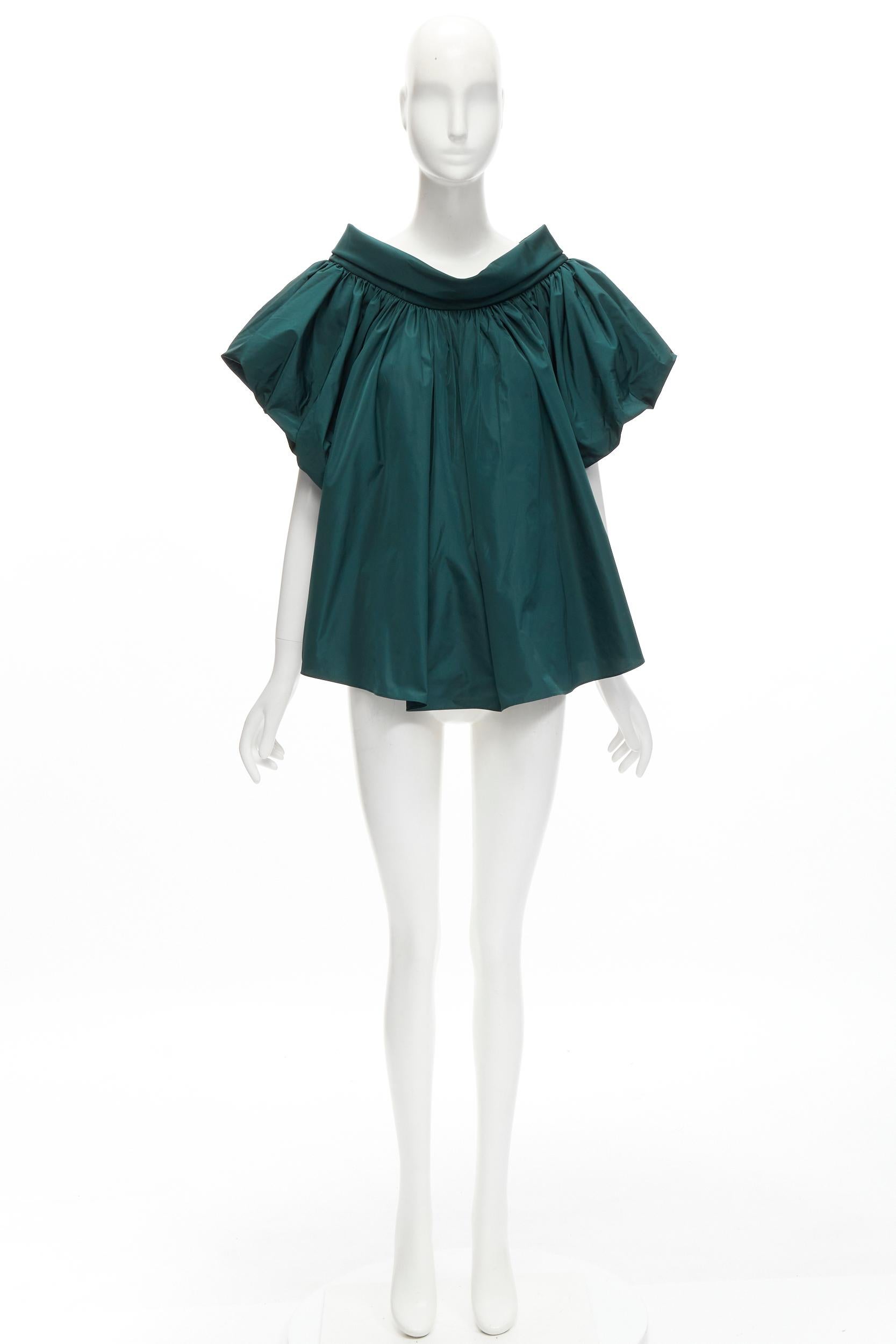 ALEXANDER MCQUEEN dark green puff sleeve bateau high collar flare top IT38 XS For Sale 4