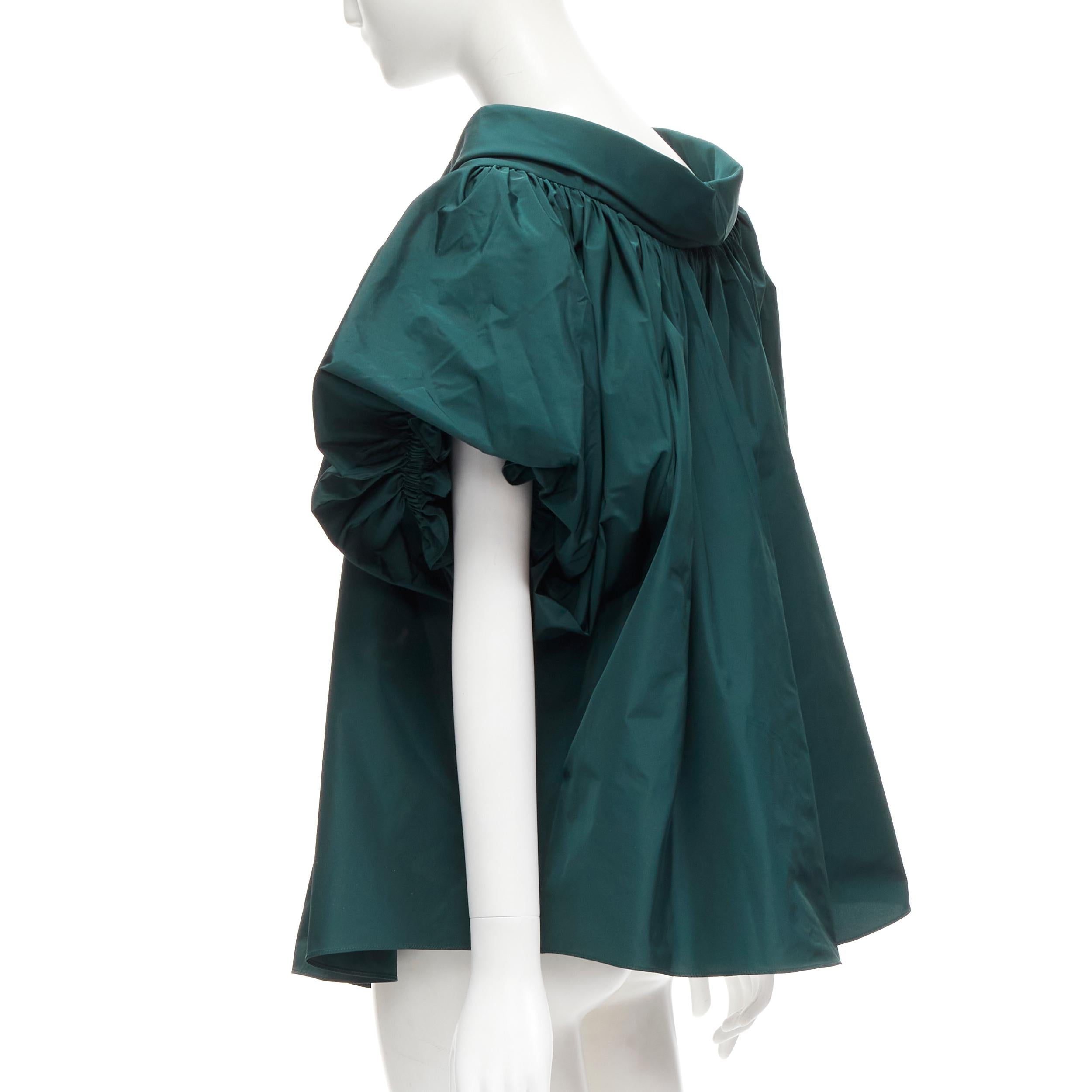 ALEXANDER MCQUEEN dark green puff sleeve bateau high collar flare top IT38 XS In Excellent Condition For Sale In Hong Kong, NT