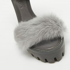 Alexander McQueen Dark Grey Leather and Fur Ankle Strap Sandals Size 37