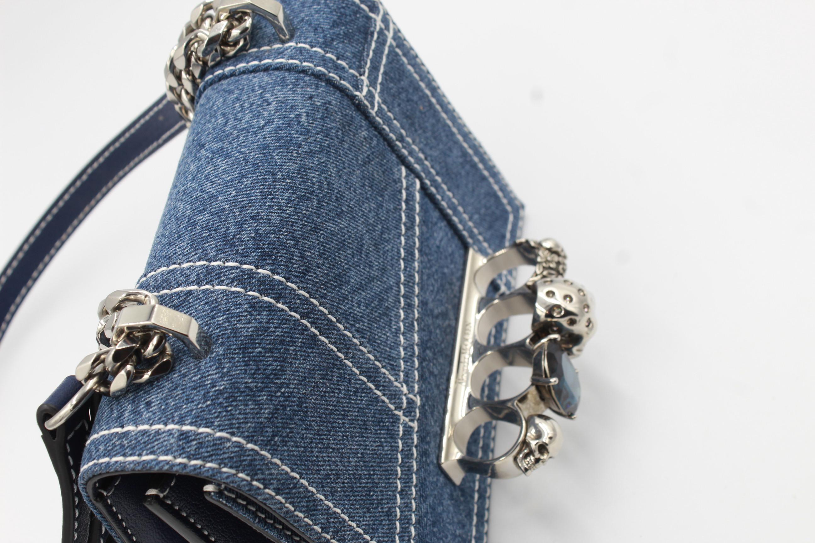 Alexander McQueen denim handbag with american point In Good Condition For Sale In Paris, FR