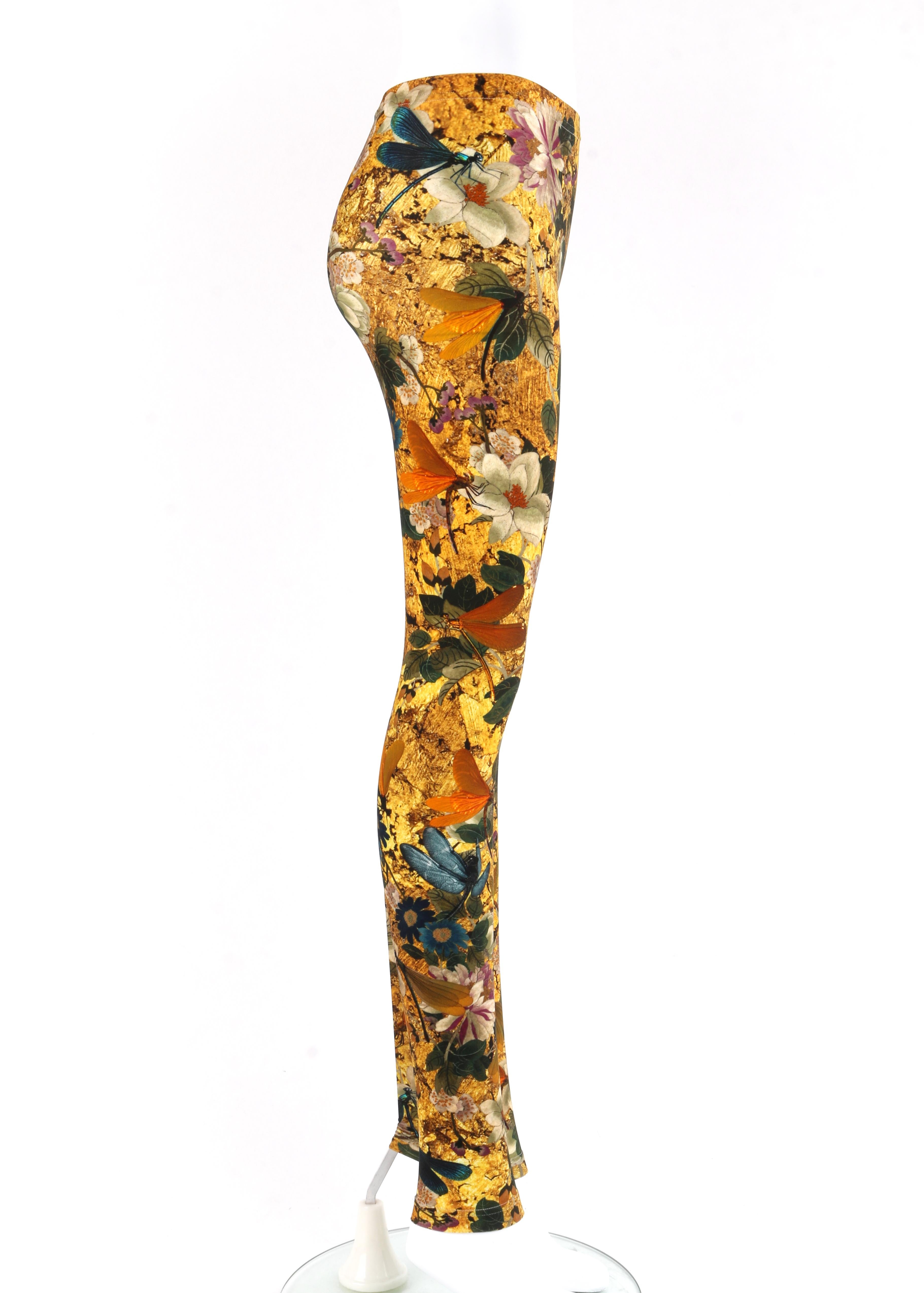 High Waisted Print Leggings - Dragonflies And Lilies Pattern, Full Length, Soft Opaque Fabric, Plus Sizes Available