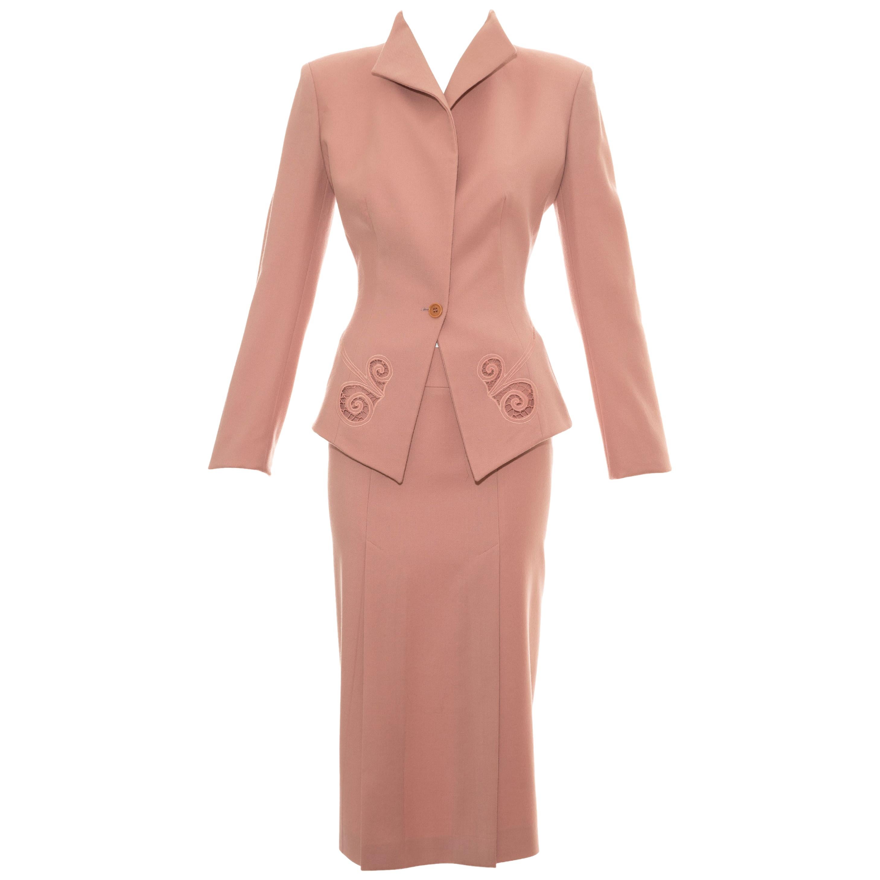Alexander McQueen dusty pink wool skirt suit with lace inserts, ss 1999 For Sale