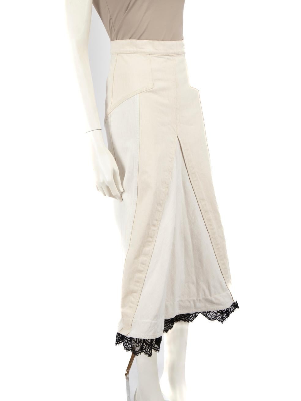 CONDITION is Very good. Hardly any visible wear to skirt is evident on this used Alexander McQueen designer resale item.
 
 
 
 Details
 
 
 Ecru
 
 Denim
 
 Skirt
 
 Midi
 
 Black lace trim
 
 Back zip fastening
 
 
 
 
 
 Made in Italy
 
 
 
