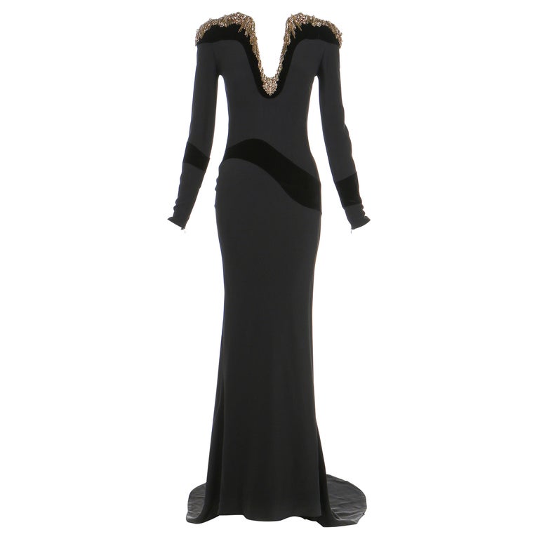 Alexander McQueen Embellished Black Dress Gown For Sale at 1stDibs
