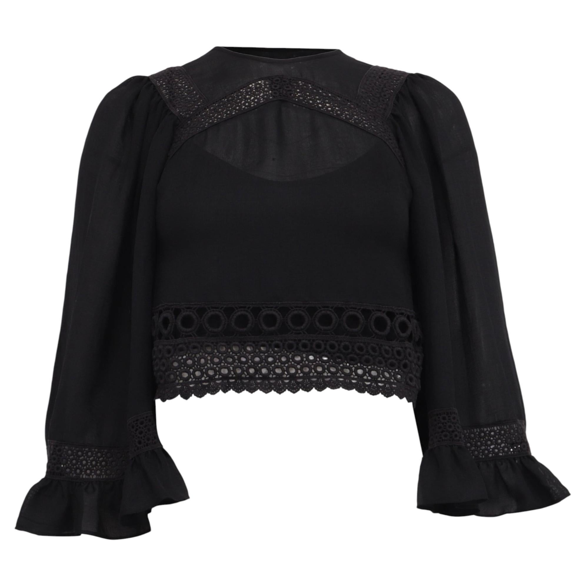 Alexander Mcqueen Eyelet Lace Accent Cropped Blouse in Black Silk For Sale