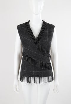 ALEXANDER McQUEEN F/W 1999 Gray Wool Plaid Wrap Fringe Sleeveless Vest Knit Top