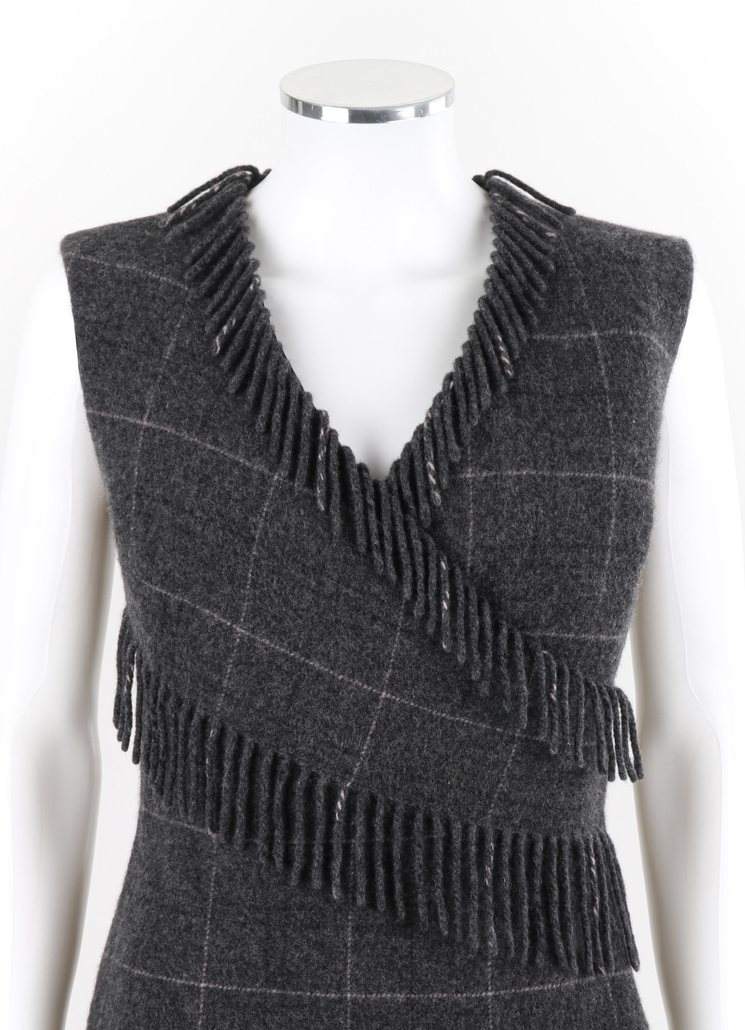 ALEXANDER McQUEEN F/W 1999 Gray Wool Plaid Wrap Fringe Sleeveless Vest Knit Top In Good Condition In Thiensville, WI