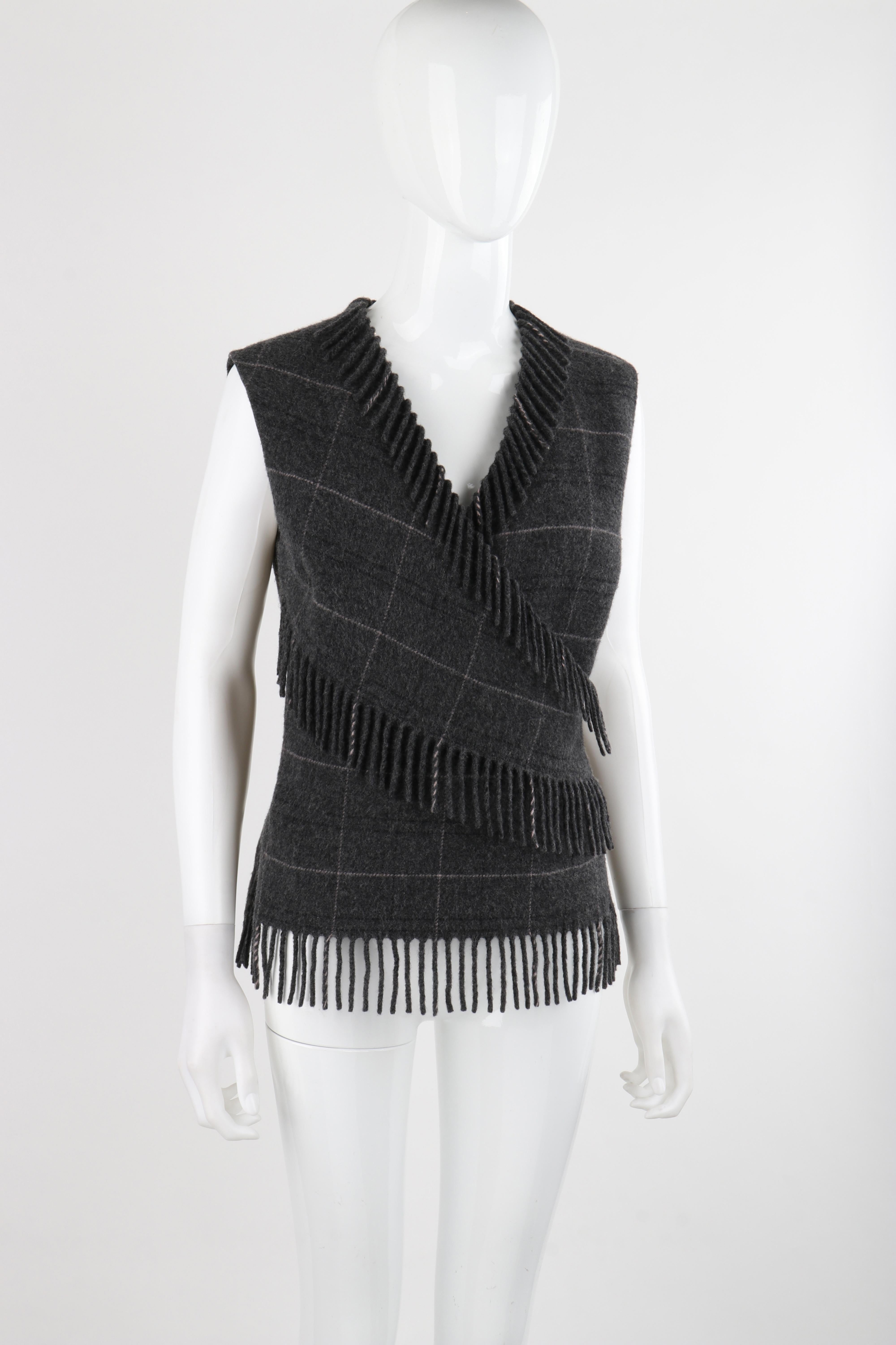 ALEXANDER McQUEEN F/W 1999 Gray Wool Plaid Wrap Fringe Sleeveless Vest Knit Top In Good Condition For Sale In Thiensville, WI