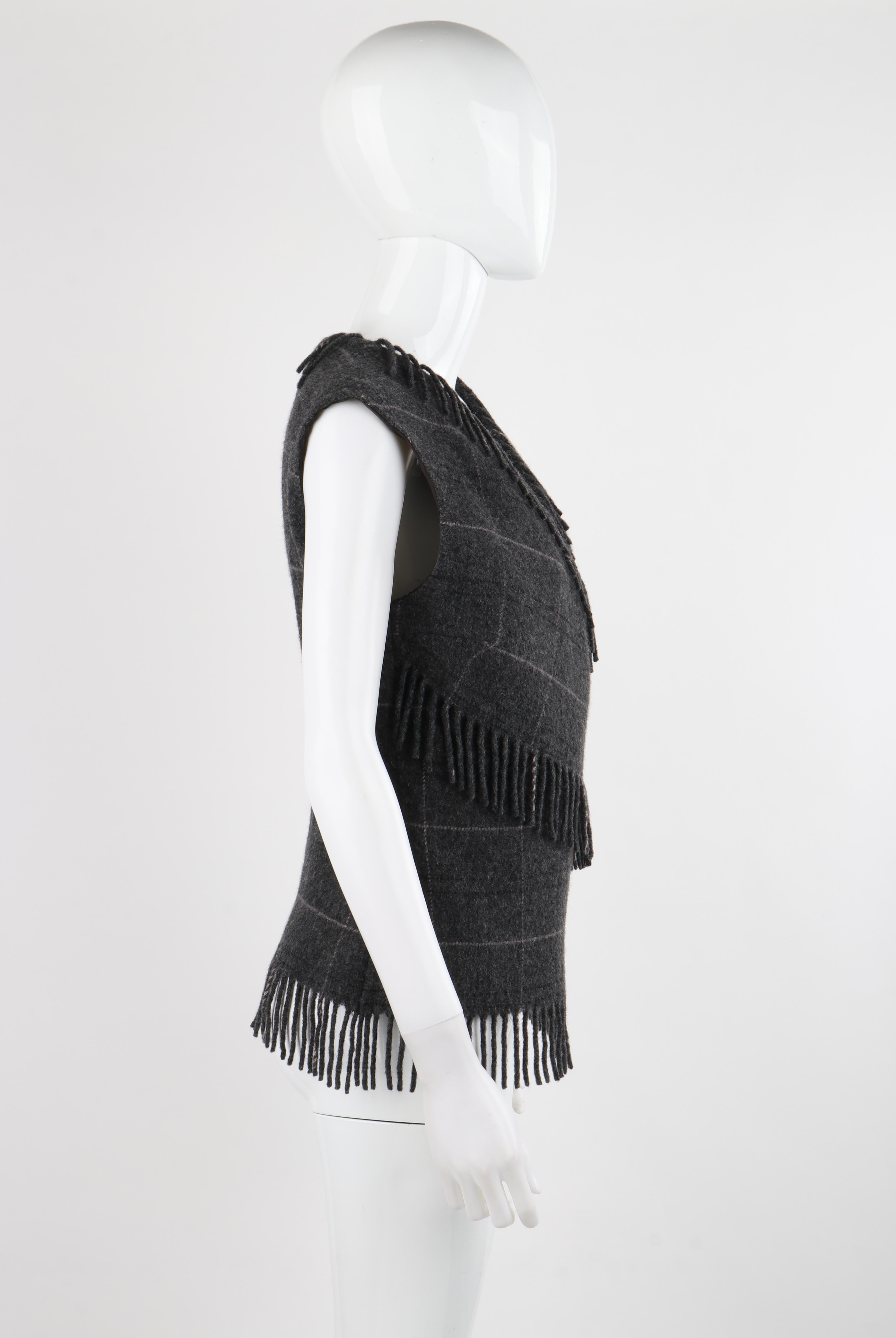 Women's ALEXANDER McQUEEN F/W 1999 Gray Wool Plaid Wrap Fringe Sleeveless Vest Knit Top For Sale