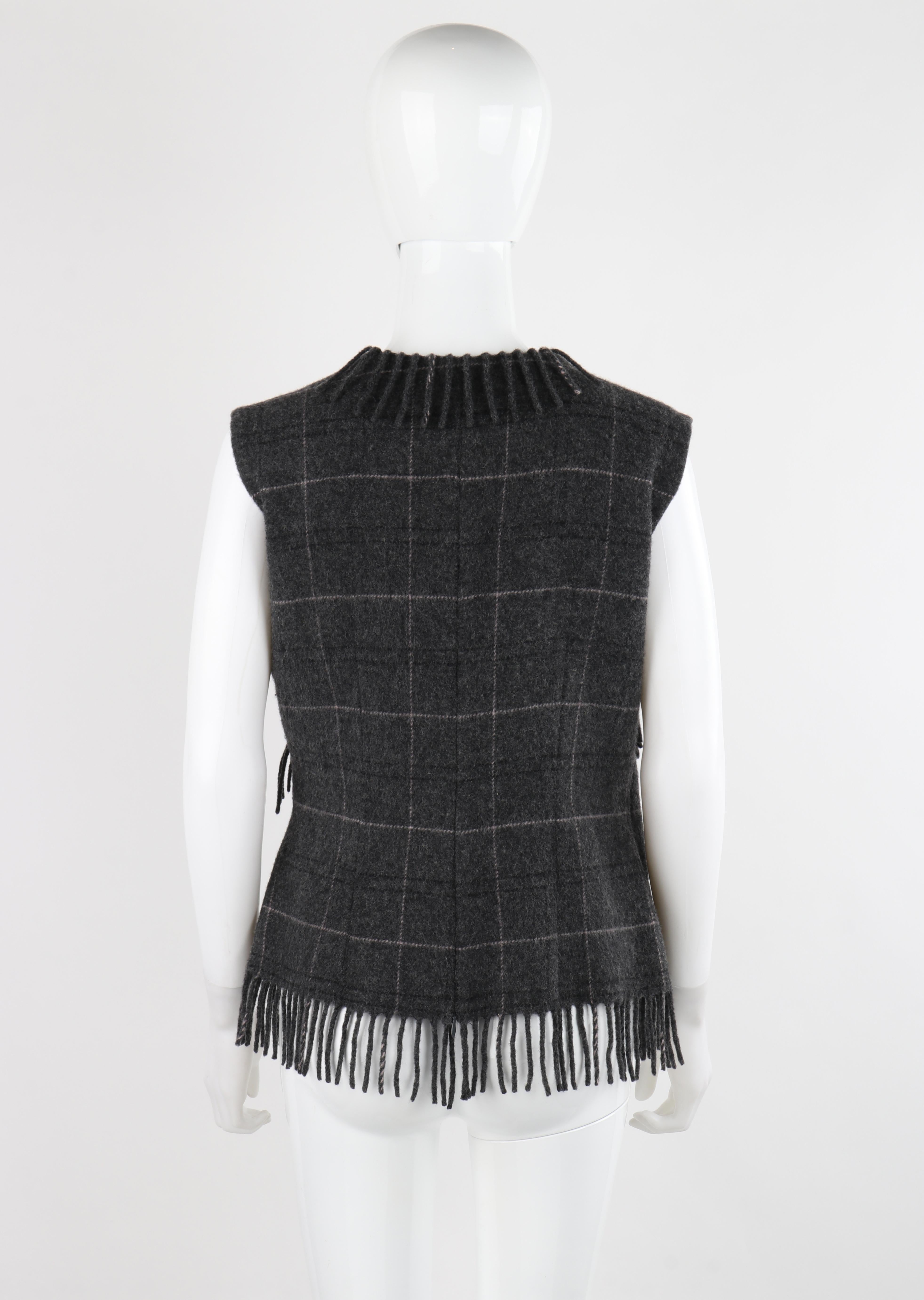 ALEXANDER McQUEEN F/W 1999 Gray Wool Plaid Wrap Fringe Sleeveless Vest Knit Top For Sale 1