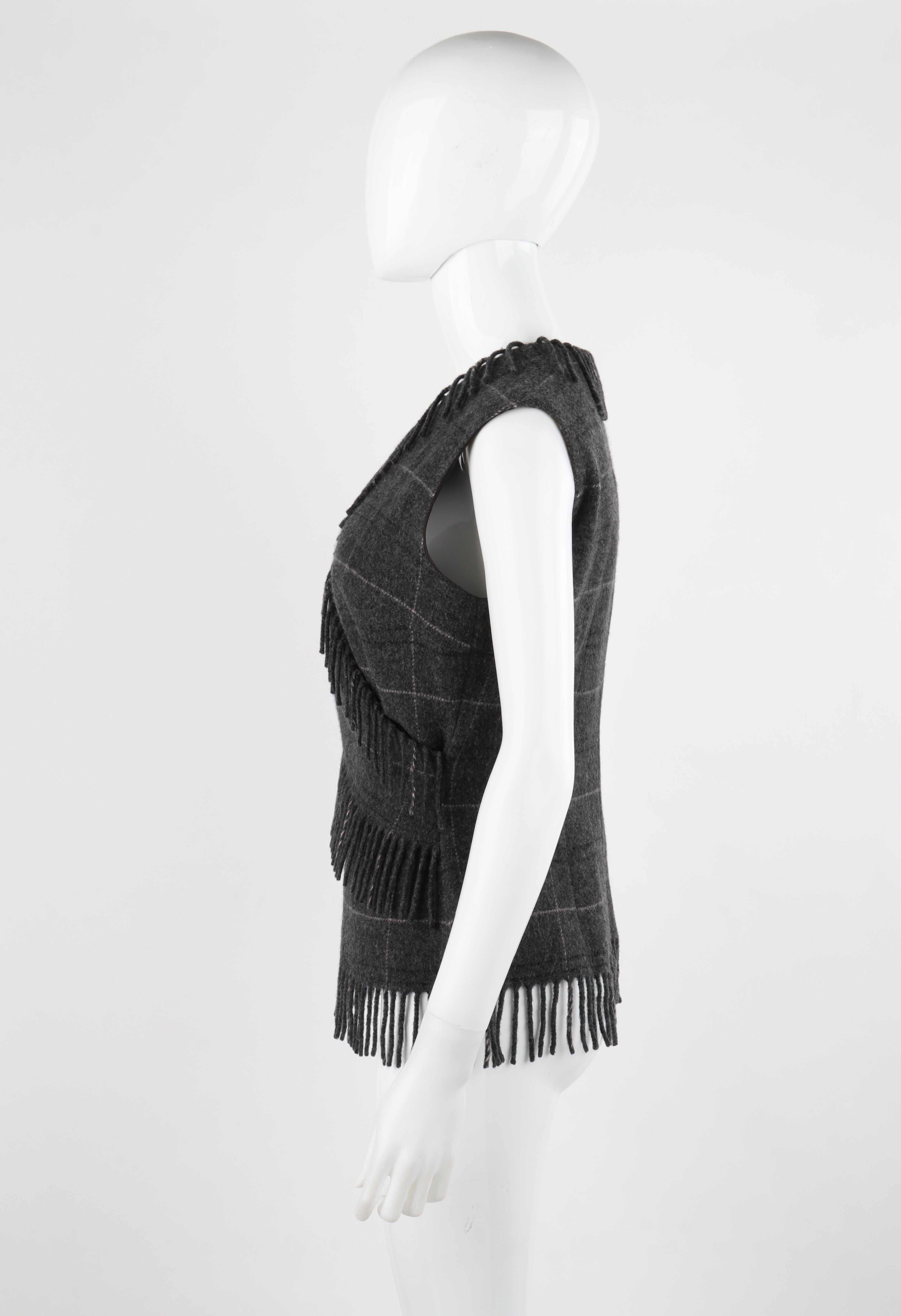 ALEXANDER McQUEEN F/W 1999 Gray Wool Plaid Wrap Fringe Sleeveless Vest Knit Top For Sale 2