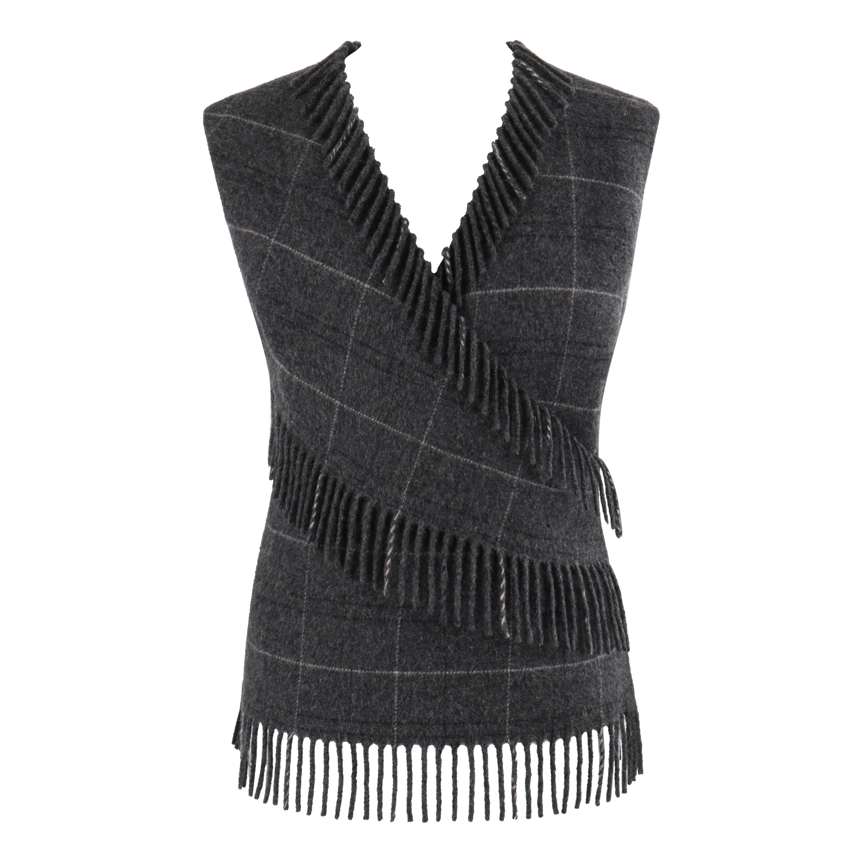 ALEXANDER McQUEEN H/W 1999 Graues ärmelloses Westen-Strickoberteil aus Woll karierten Fransen im Angebot