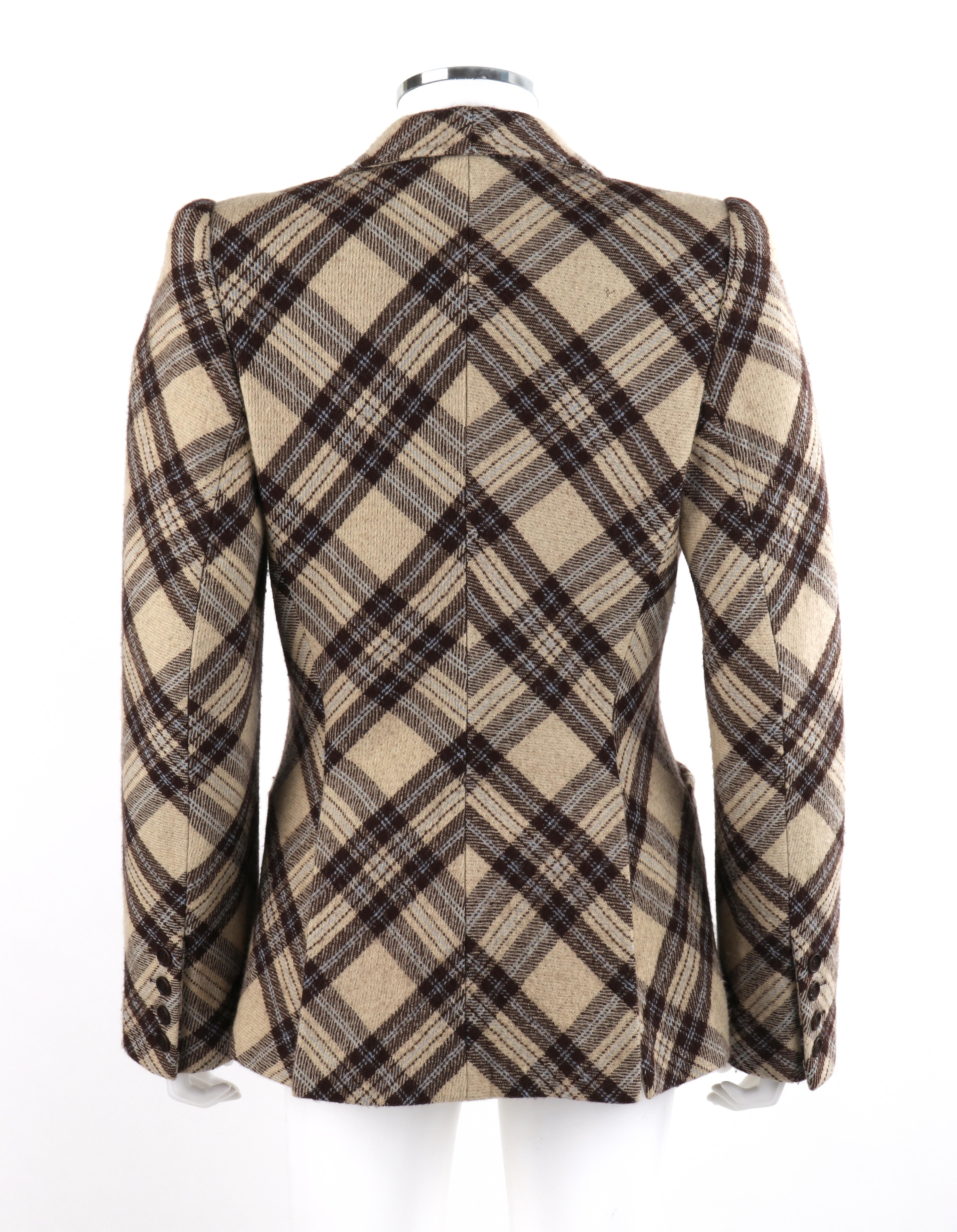 ALEXANDER McQUEEN F/W 2000 “Eshu” Tan Brown Blue Check Plaid Print Blazer Jacket In Good Condition For Sale In Thiensville, WI