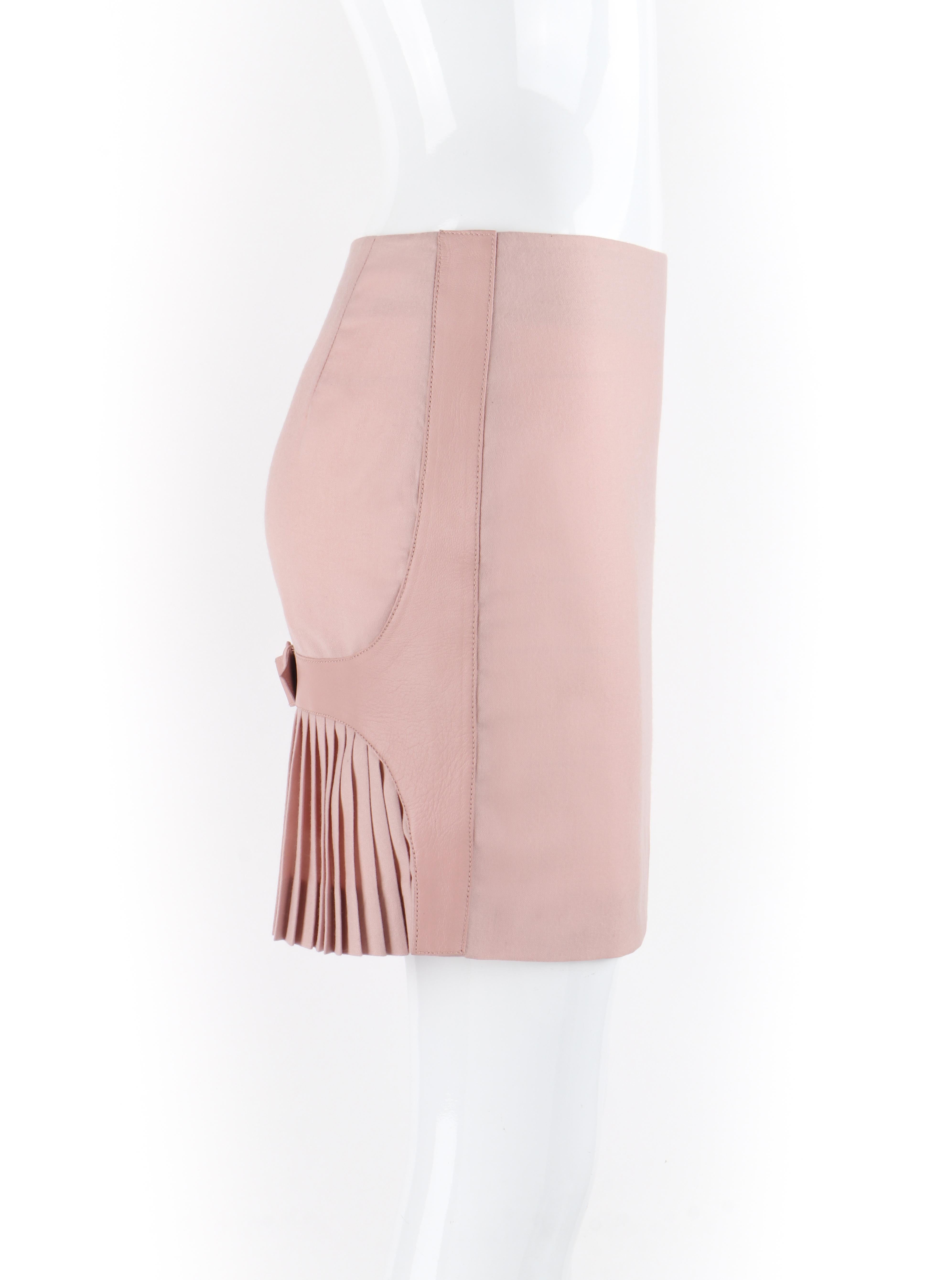 Beige ALEXANDER McQUEEN F/W 2002 Pink Wool Leather Pleated Belt Buckle Mini Skirt For Sale