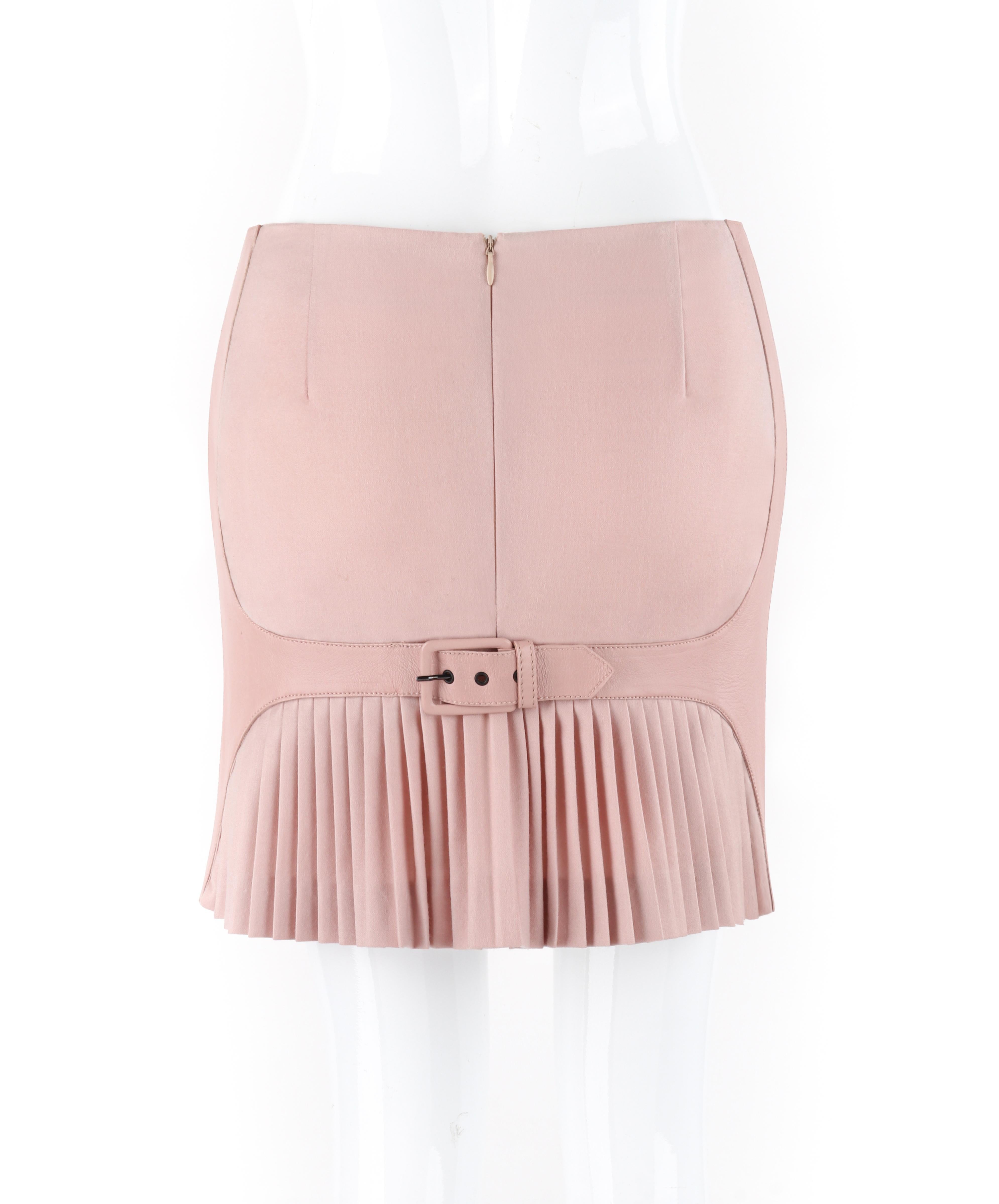 Women's ALEXANDER McQUEEN F/W 2002 Pink Wool Leather Pleated Belt Buckle Mini Skirt For Sale