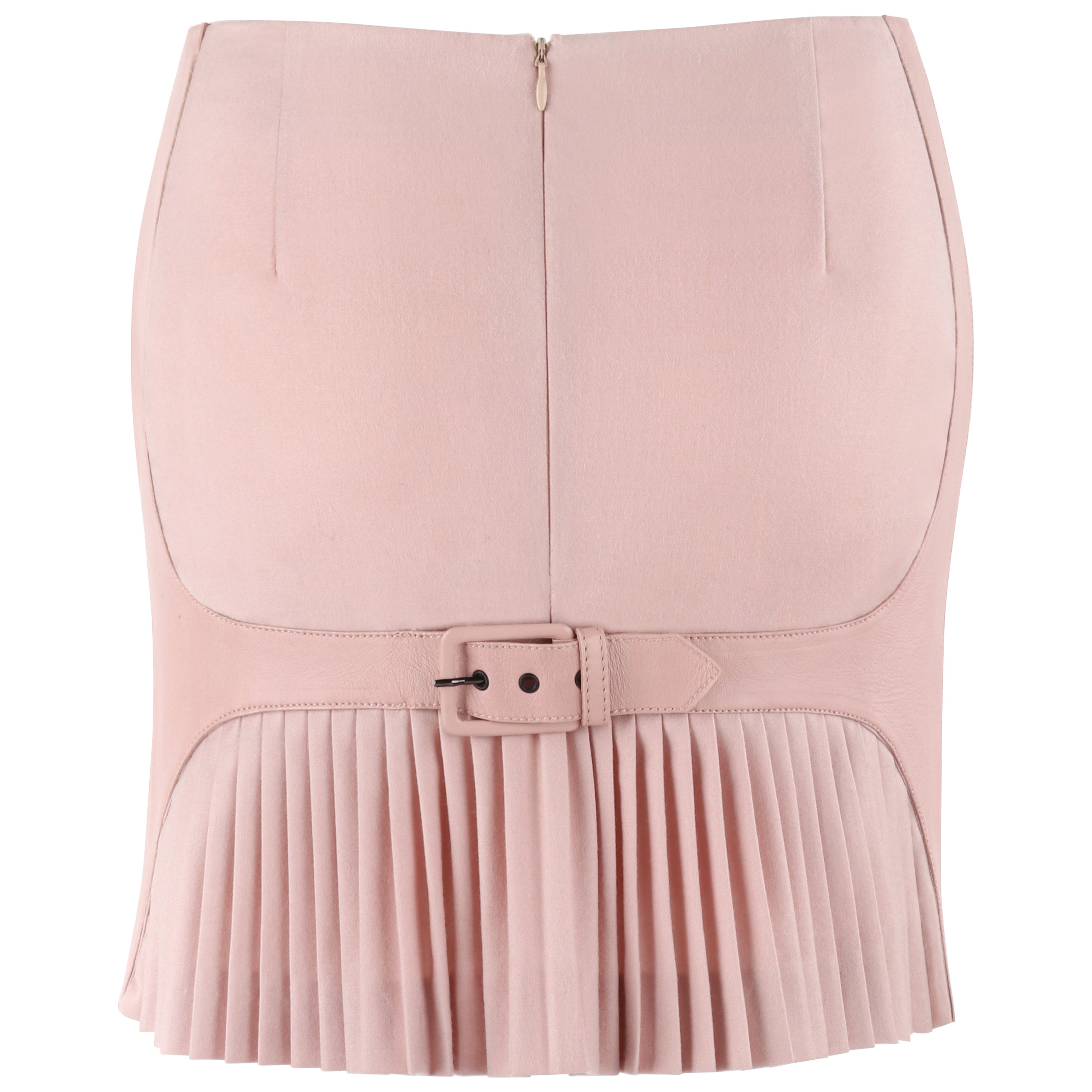 ALEXANDER McQueen A/I 2002 Mini gonna in lana e pelle plissettata con cintura e fibbia in vendita