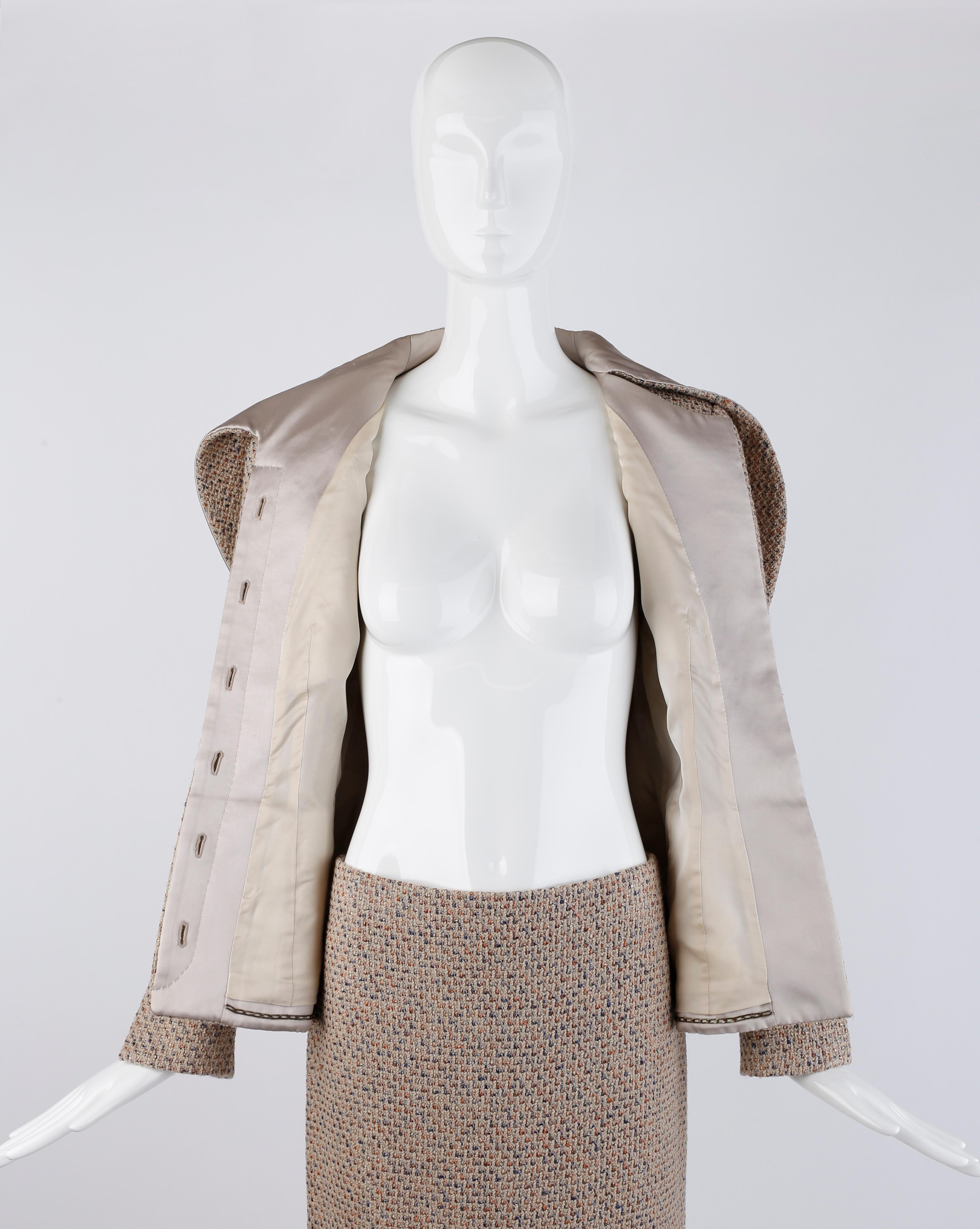 Alexander McQueen F/W 2004 Beige Metallic Tweed Tie Neck Blazer & Skirt 2pc Suit For Sale 6