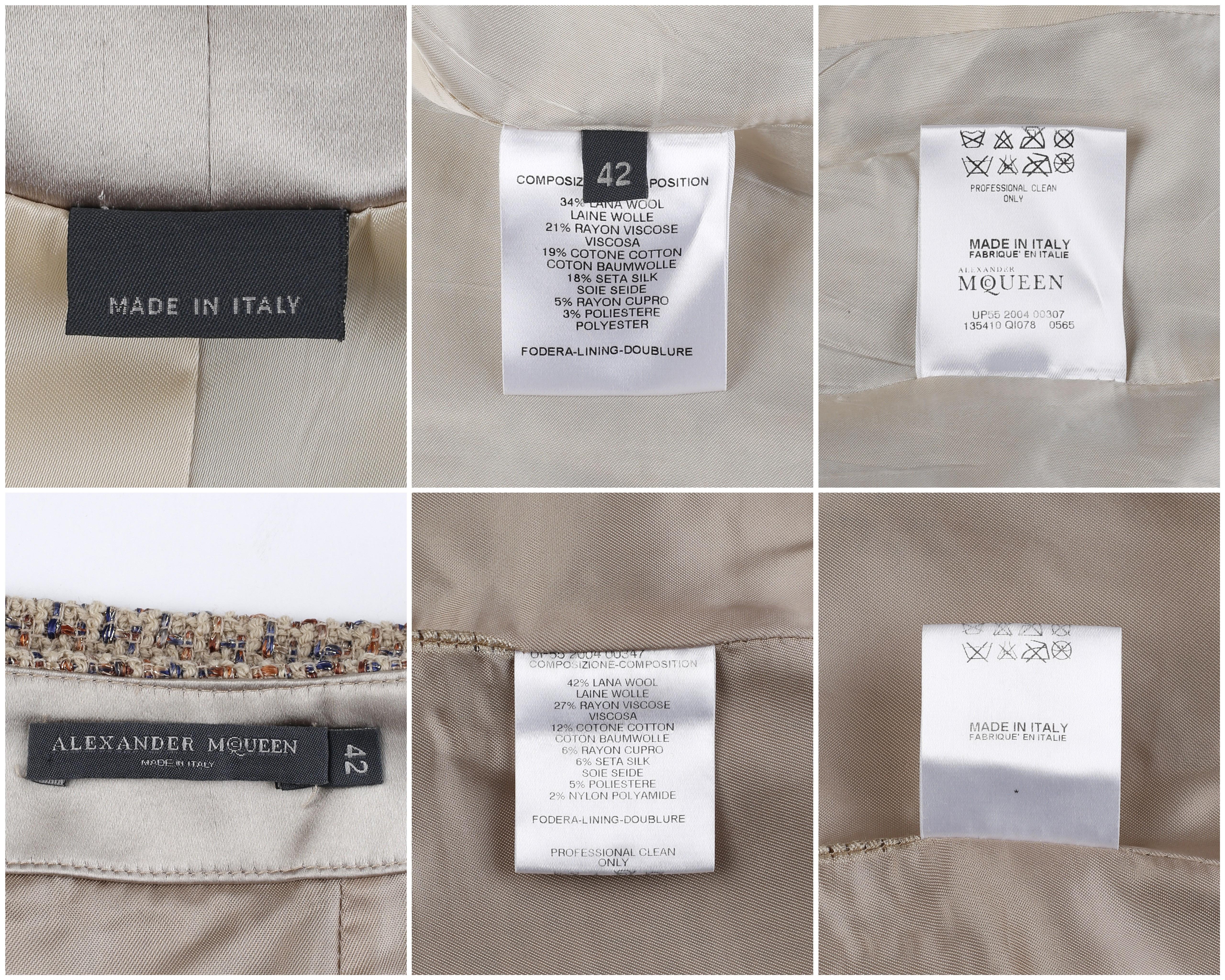 Alexander McQueen F/W 2004 Beige Metallic Tweed Tie Neck Blazer & Skirt 2pc Suit For Sale 14