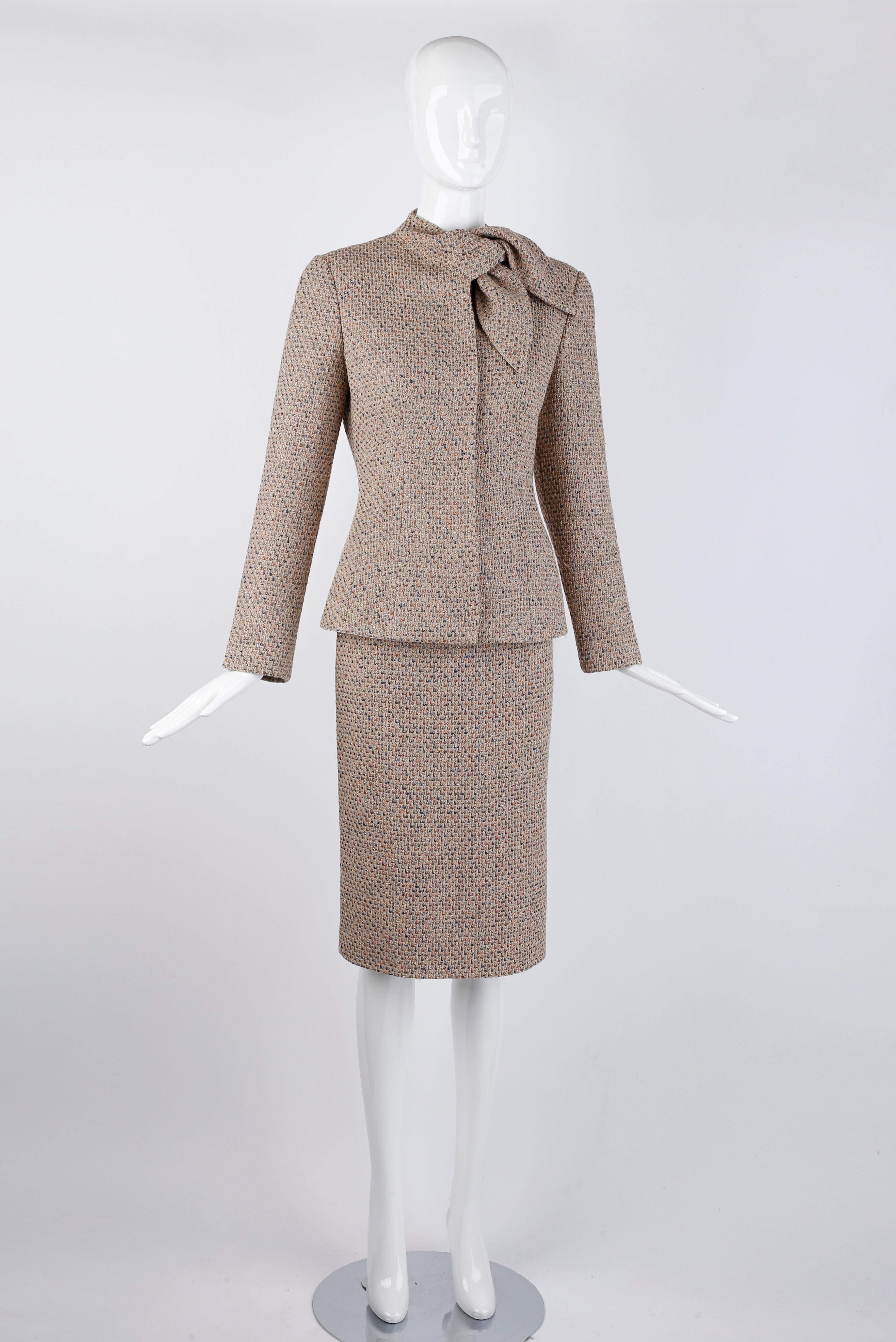 Alexander McQueen F/W 2004 Beige Metallic Tweed Tie Neck Blazer & Skirt 2pc Suit In Good Condition For Sale In Chicago, IL