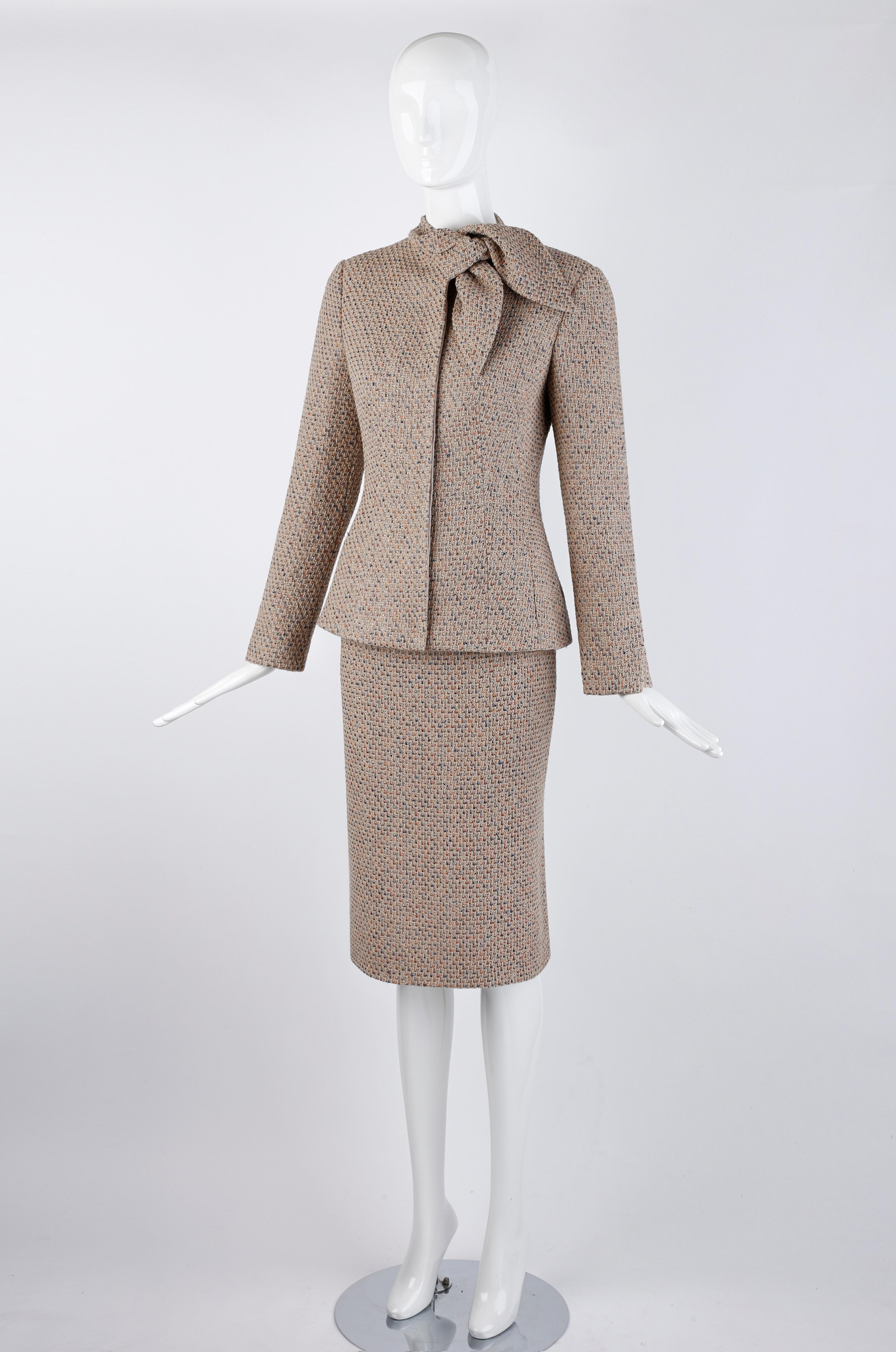 Women's Alexander McQueen F/W 2004 Beige Metallic Tweed Tie Neck Blazer & Skirt 2pc Suit For Sale