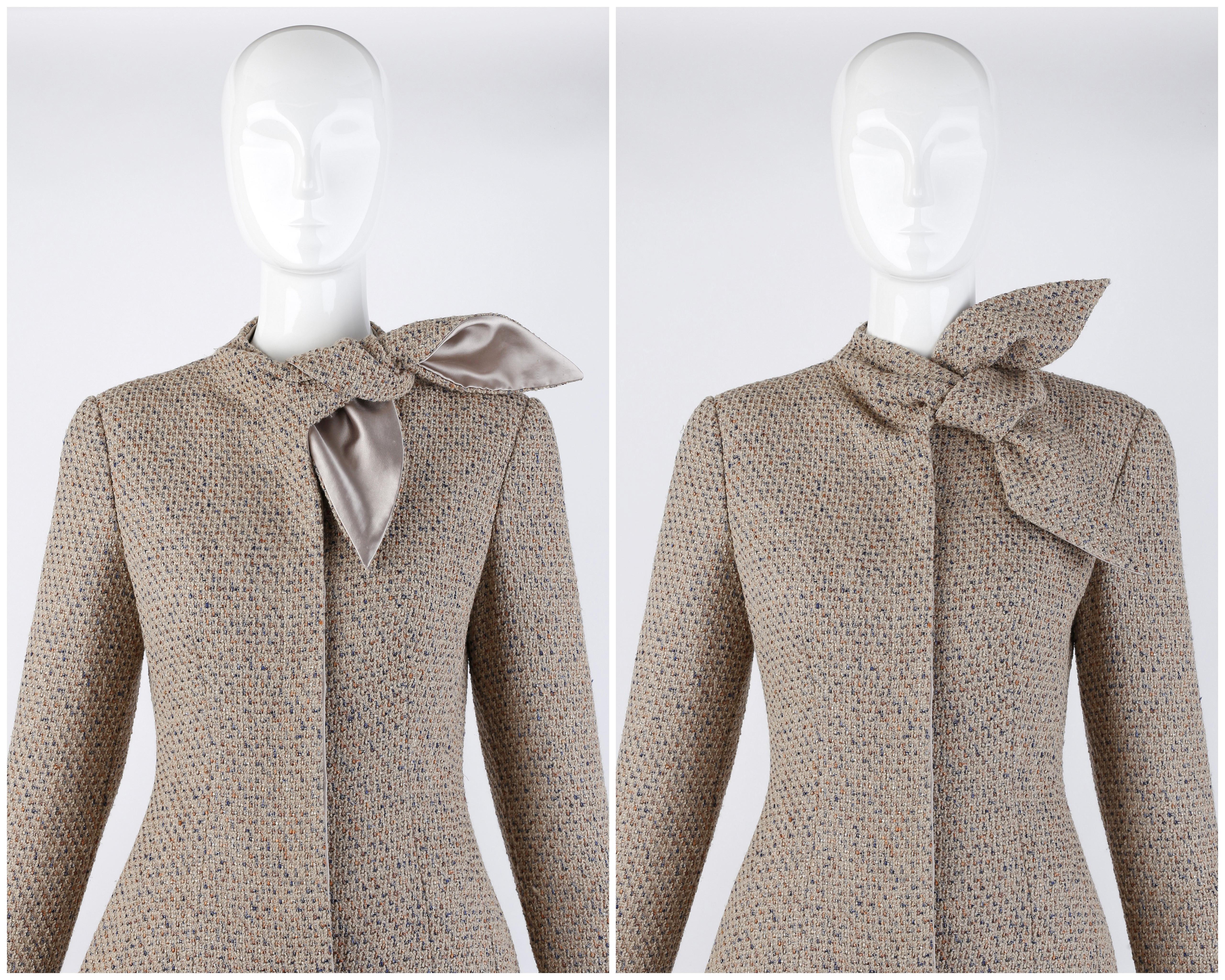 Alexander McQueen F/W 2004 Beige Metallic Tweed Tie Neck Blazer & Skirt 2pc Suit For Sale 1