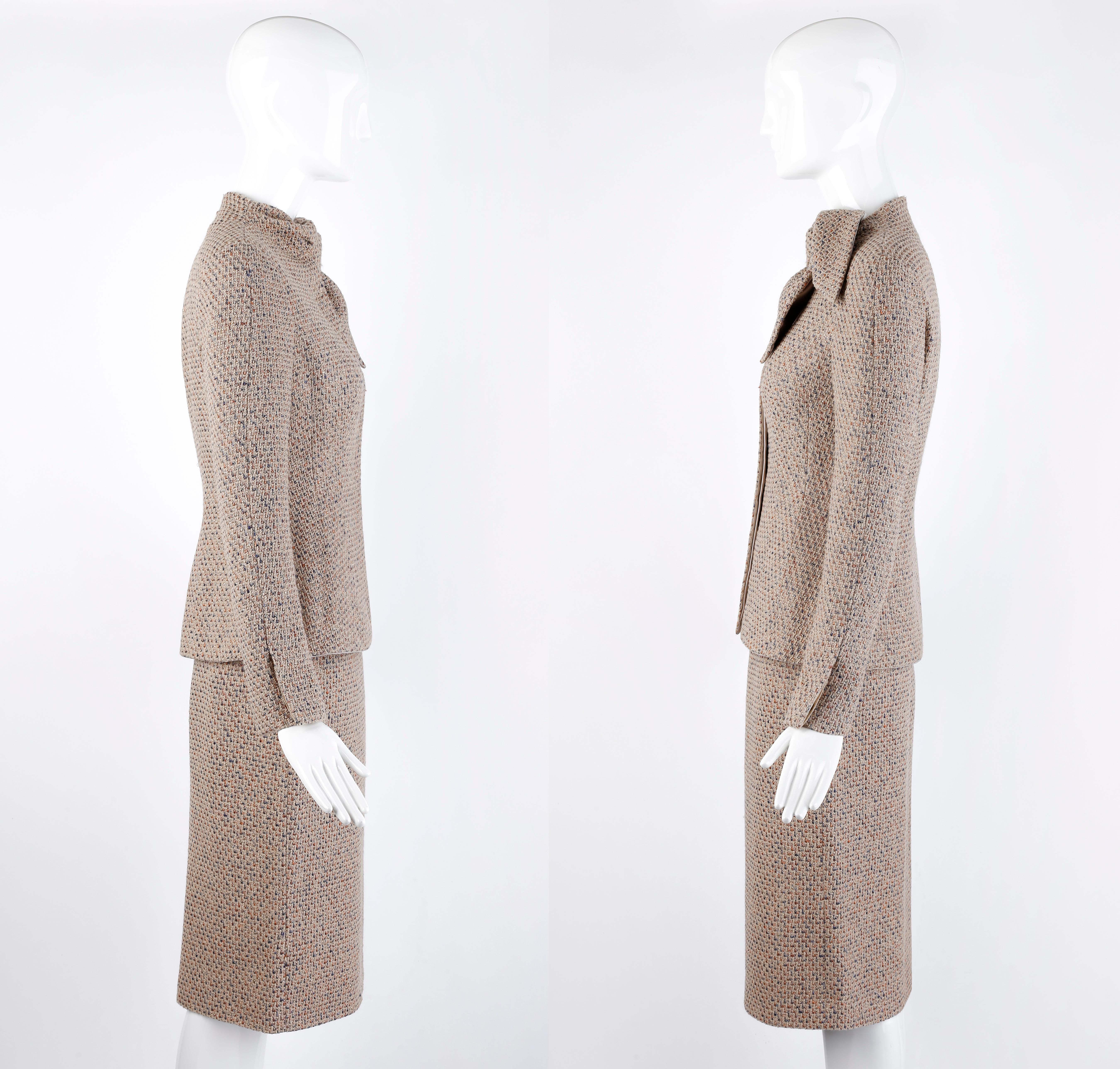 Alexander McQueen F/W 2004 Beige Metallic Tweed Tie Neck Blazer & Skirt 2pc Suit For Sale 2