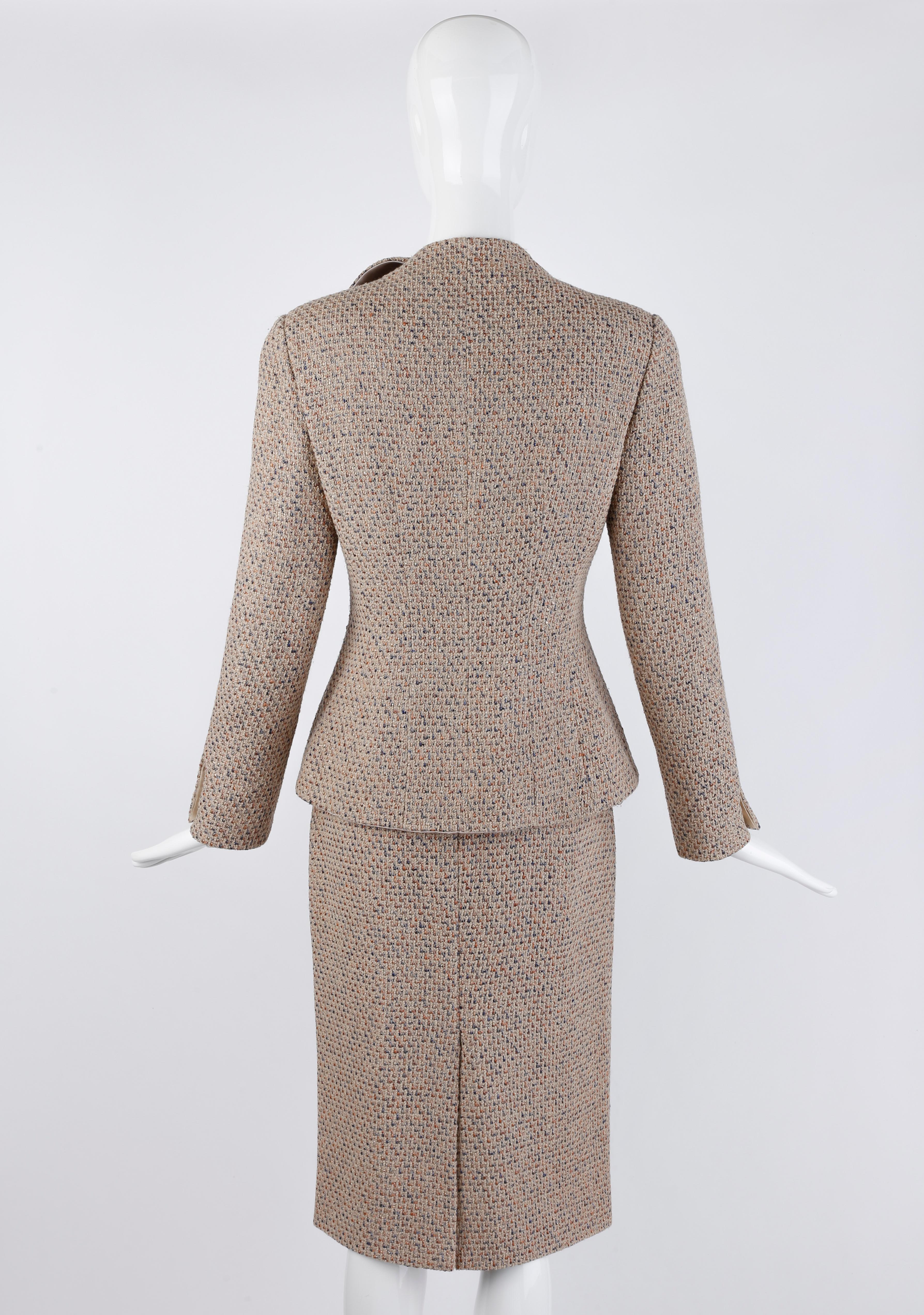 Alexander McQueen F/W 2004 Beige Metallic Tweed Tie Neck Blazer & Skirt 2pc Suit For Sale 3