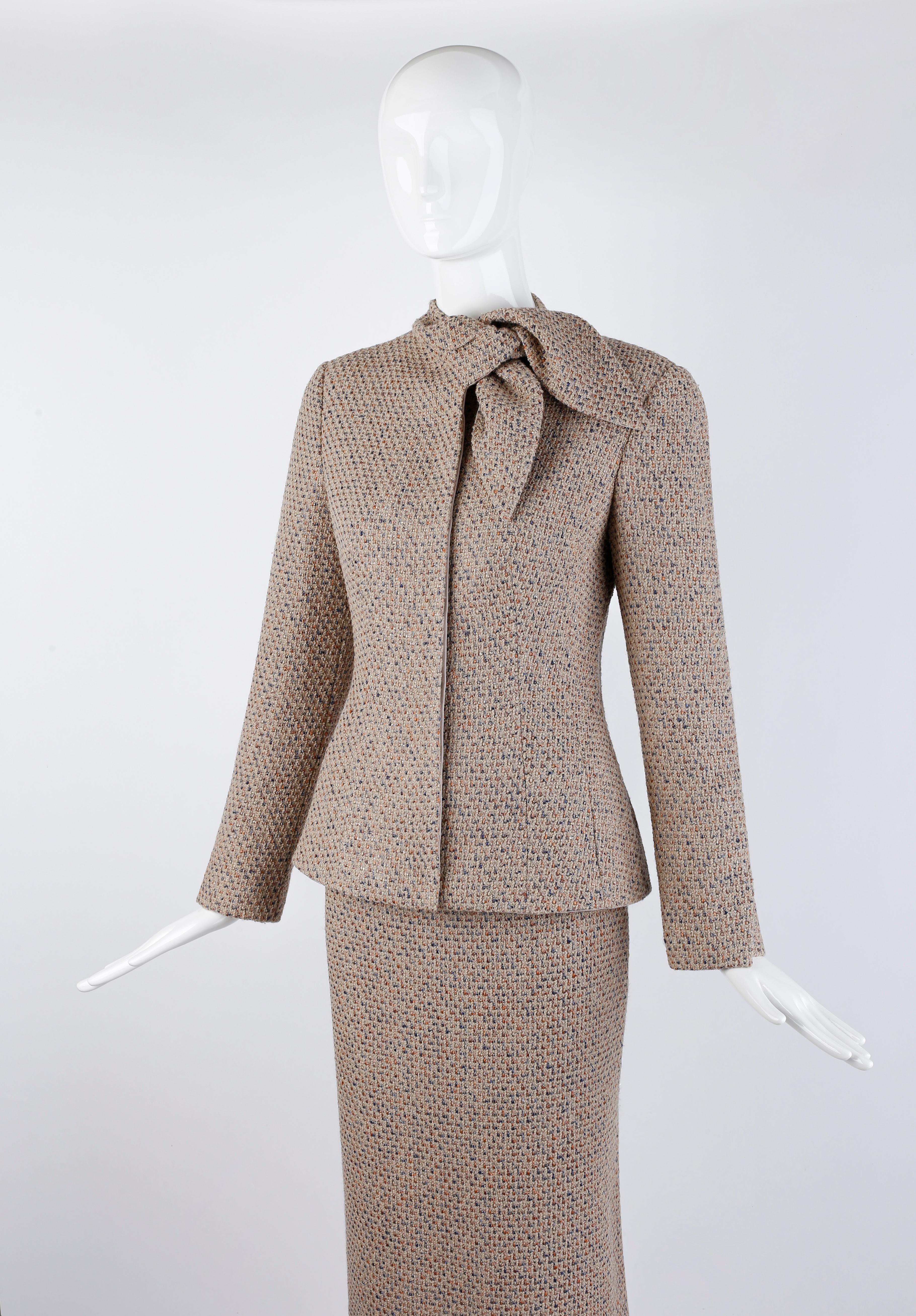 Alexander McQueen F/W 2004 Beige Metallic Tweed Tie Neck Blazer & Skirt 2pc Suit For Sale 4