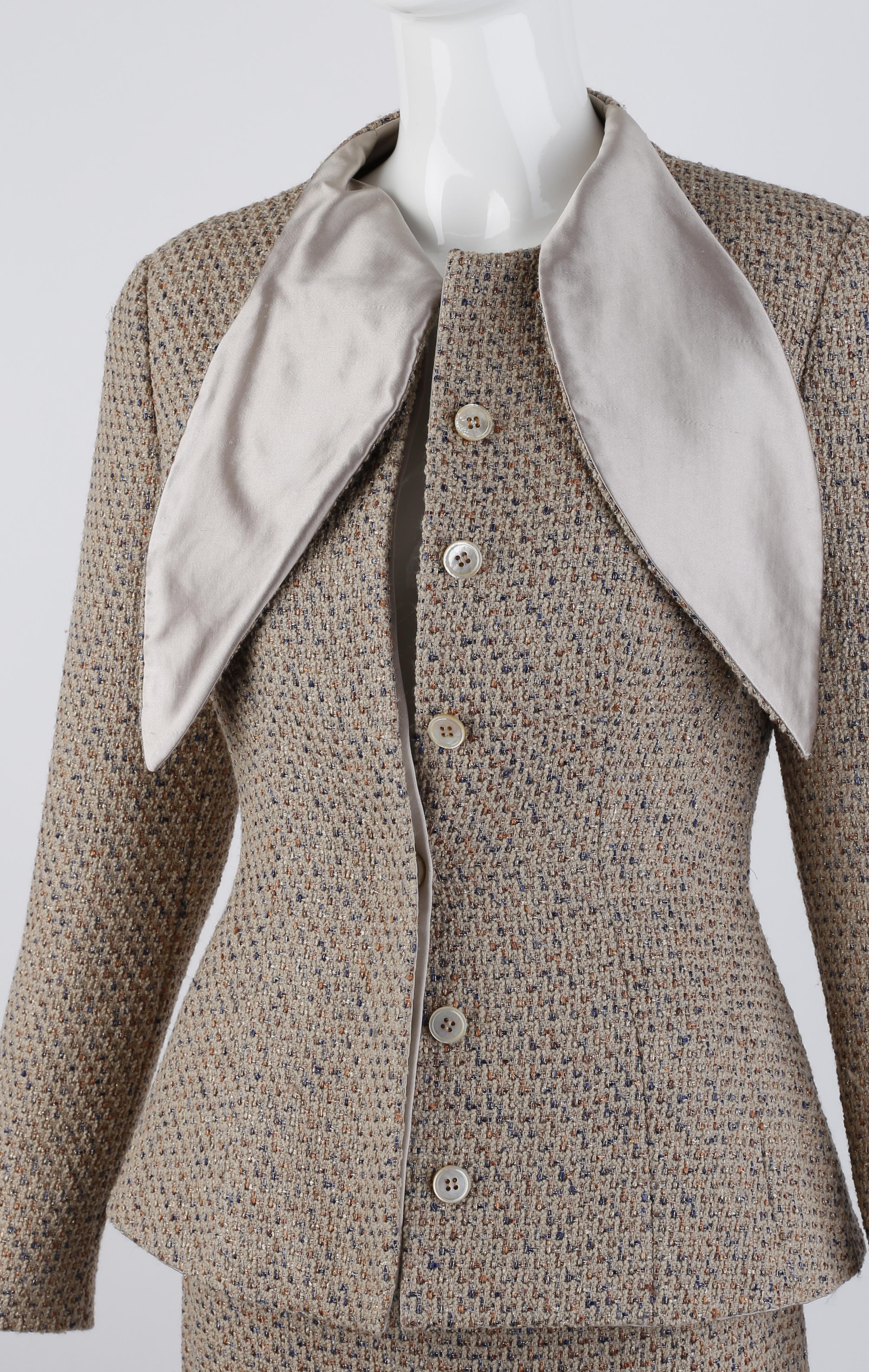 Alexander McQueen F/W 2004 Beige Metallic Tweed Tie Neck Blazer & Skirt 2pc Suit For Sale 5