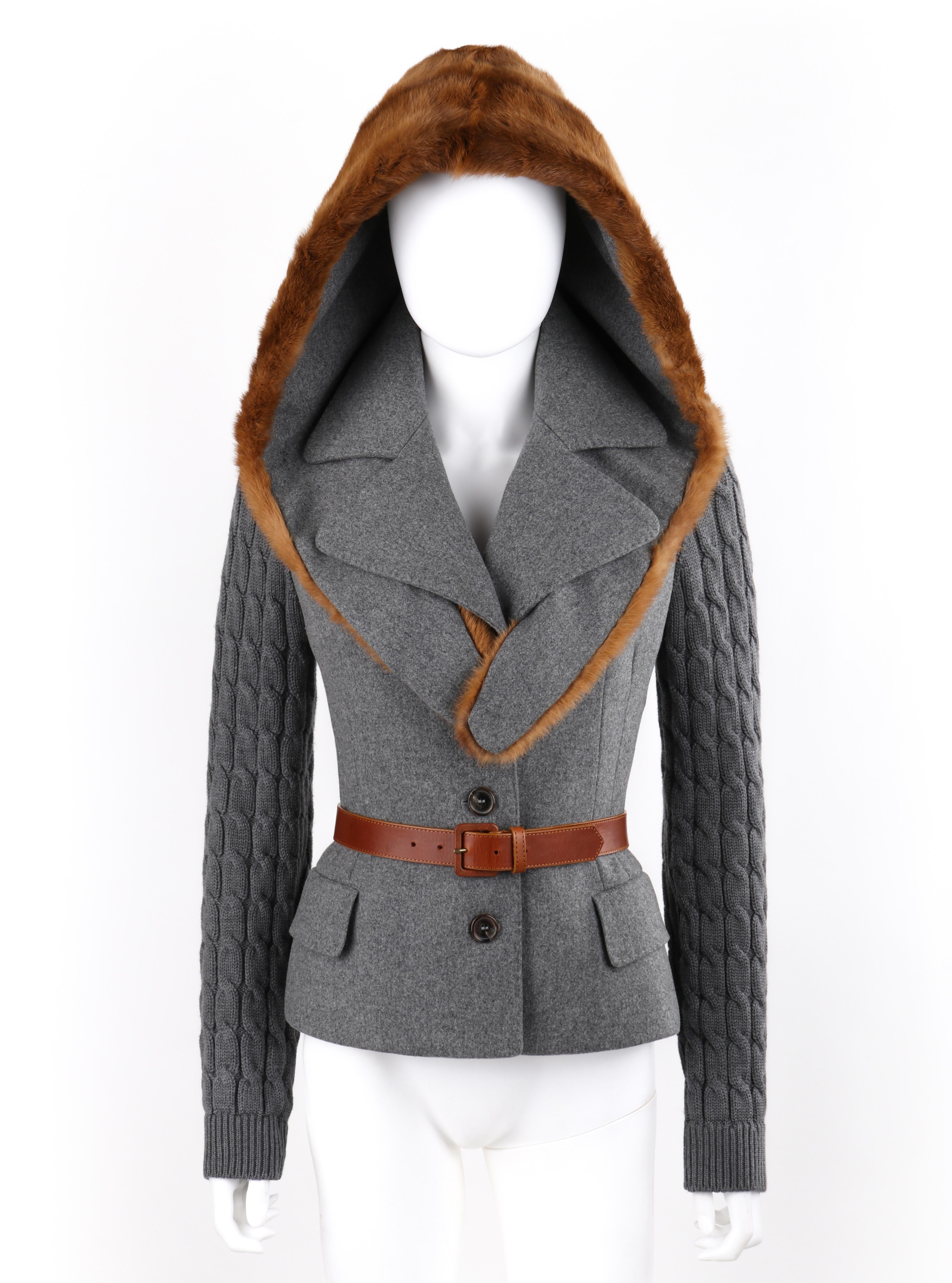 Women's ALEXANDER McQUEEN F/W 2005 Gray Brown Mink Fur Removable Hood Belted Jacket Coat For Sale