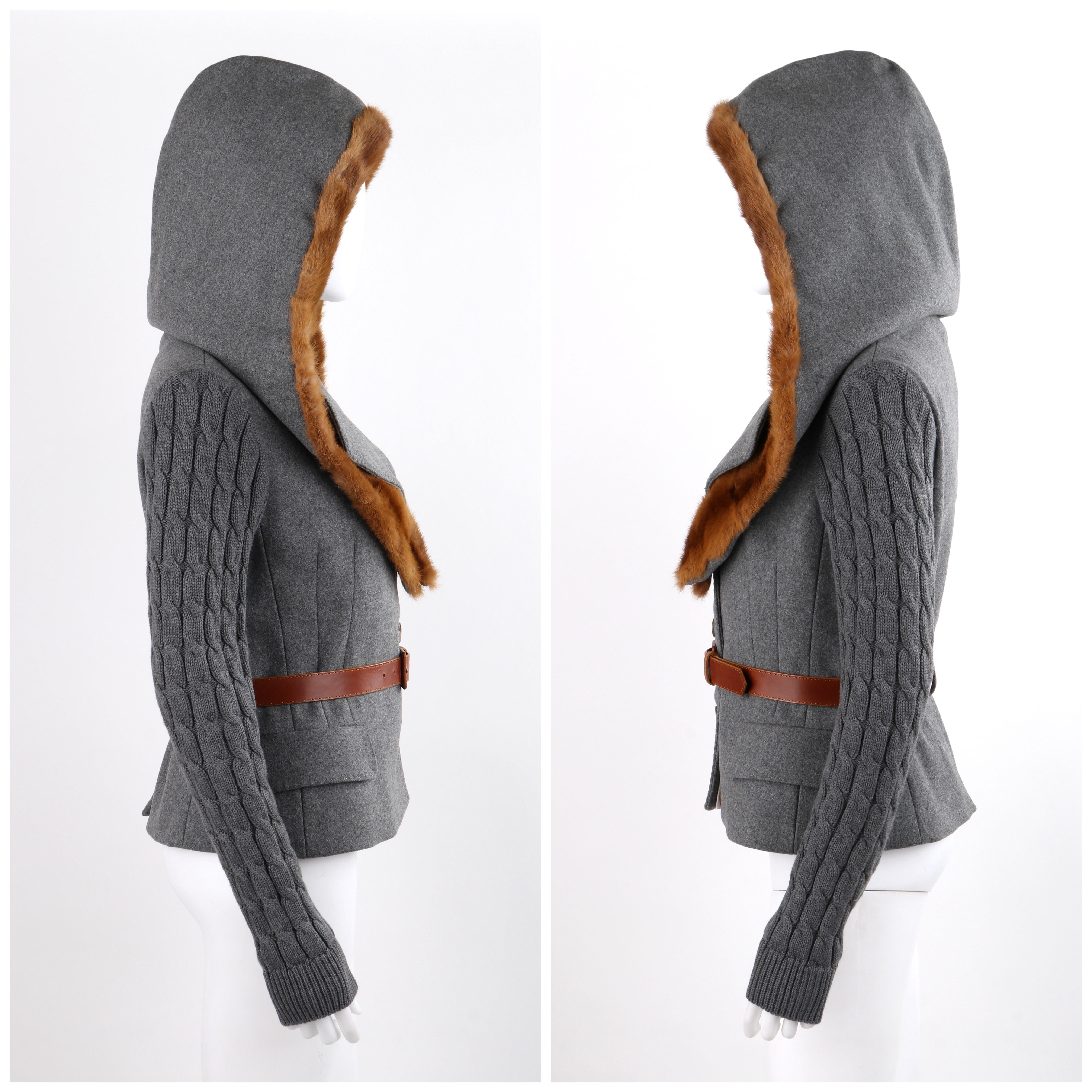 ALEXANDER McQUEEN F/W 2005 Grau Braun Nerz Pelz Abnehmbare Kapuze Gürtel Jacke Mantel im Angebot 1