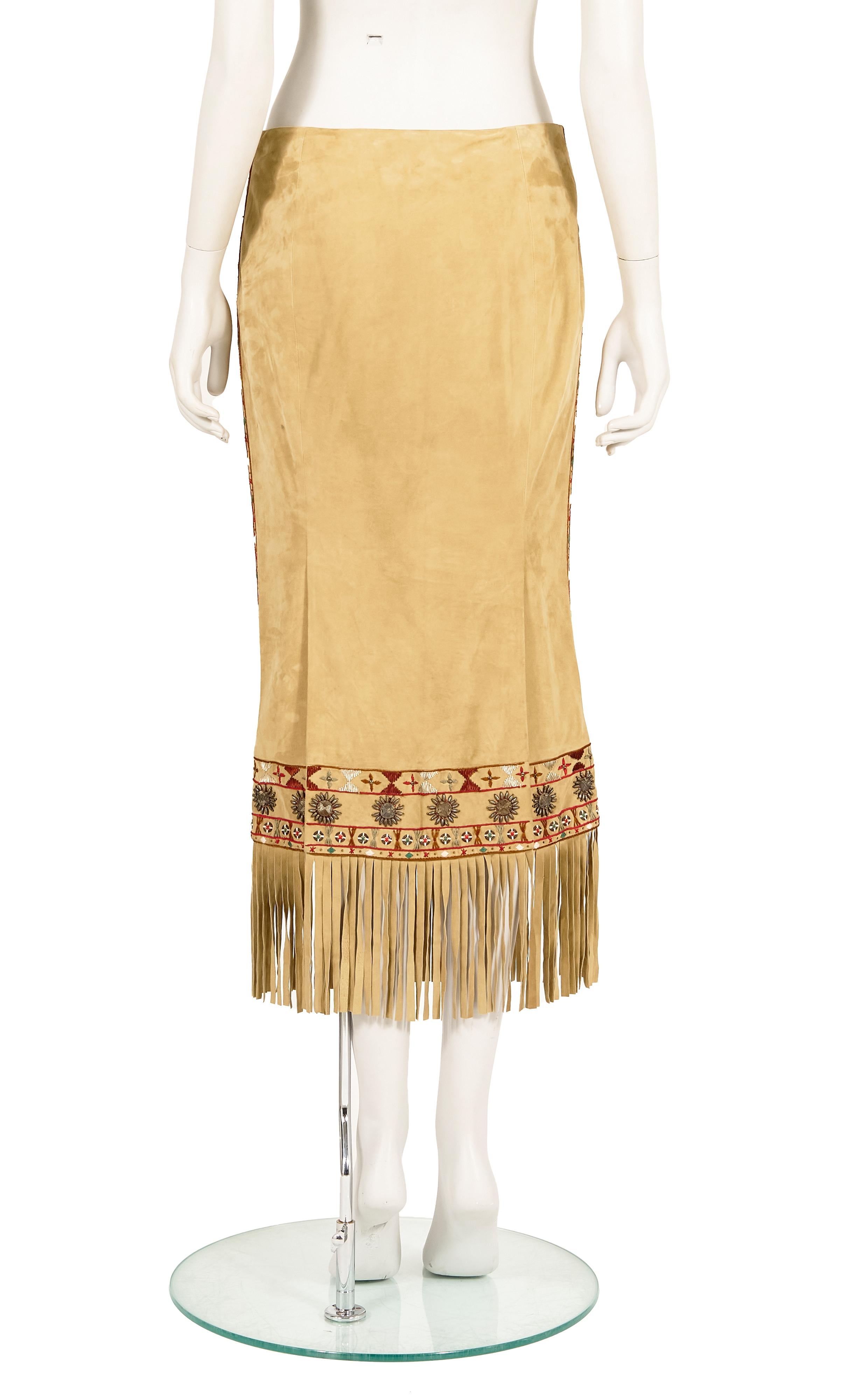 Alexander McQueen F/W 2005 Suede embroidered fringe skirt In Excellent Condition For Sale In Rome, IT