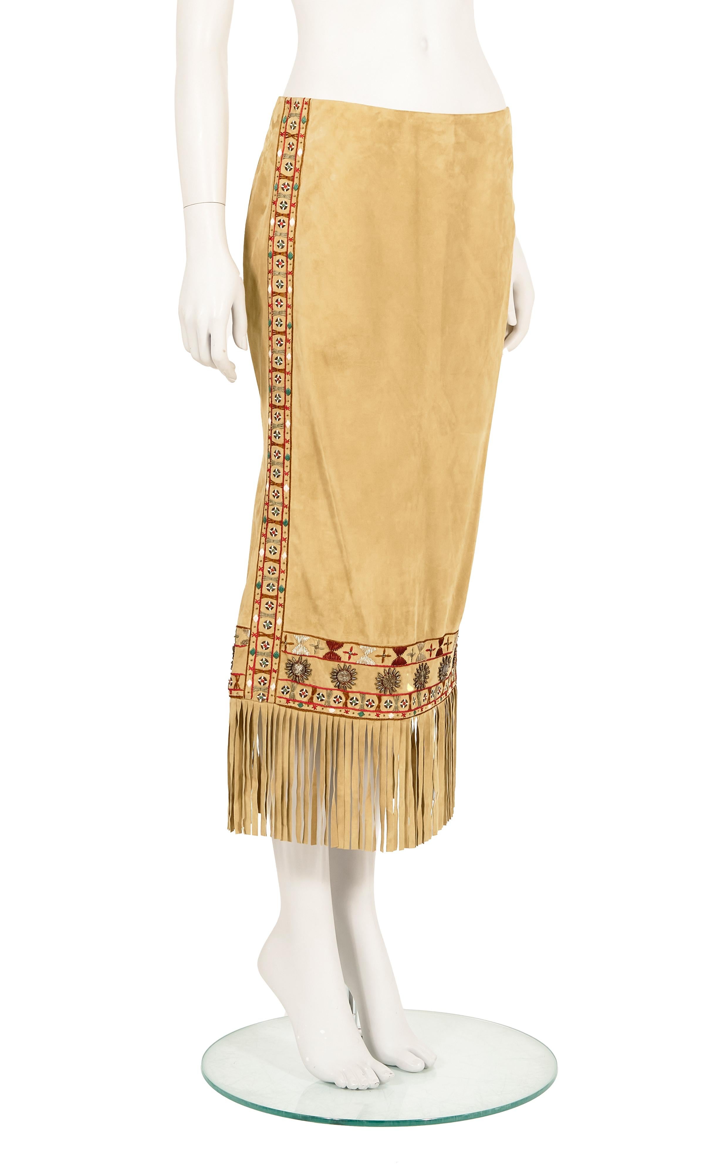 Women's Alexander McQueen F/W 2005 Suede embroidered fringe skirt For Sale