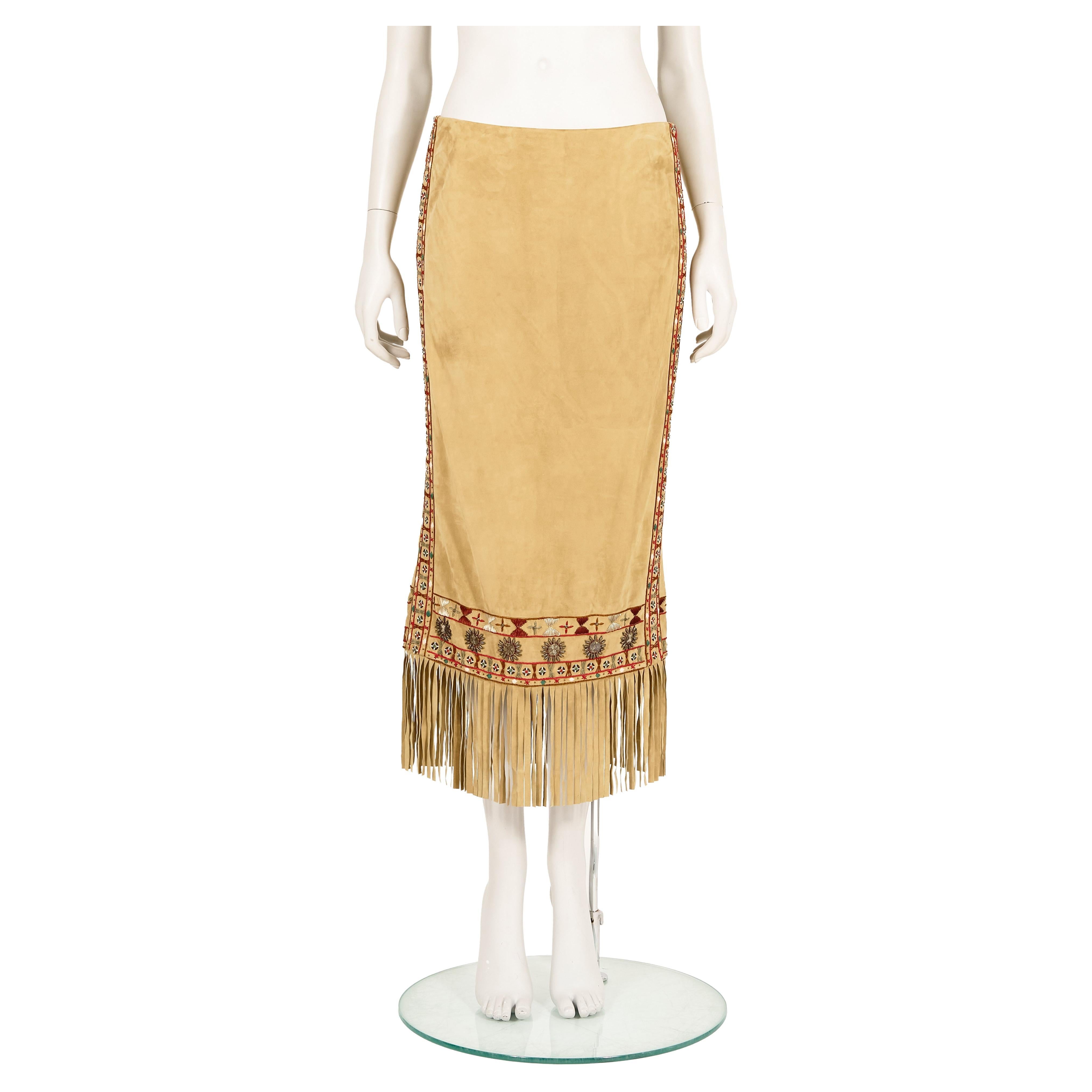 Alexander McQueen F/W 2005 Suede embroidered fringe skirt For Sale