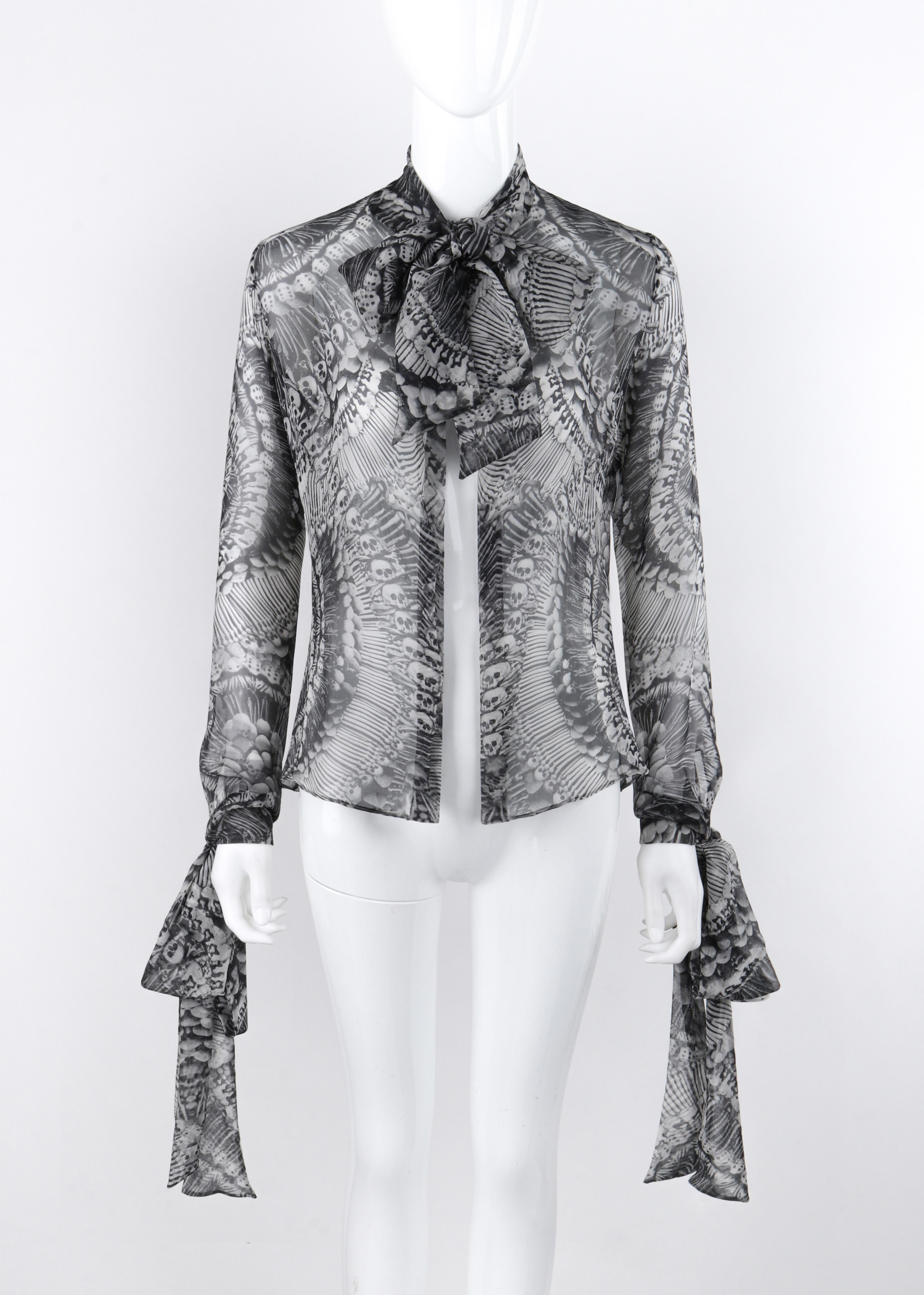 Brand / Manufacturer: Alexander McQueen
Collection: F/W 2010 
Designer: Alexander McQueen
Style: Blouse Top
Color(s): Shades of gray, white, black
Lined: No
Unmarked Fabric Content (feel of): Silk chiffon (primary fabric)
Additional Details /