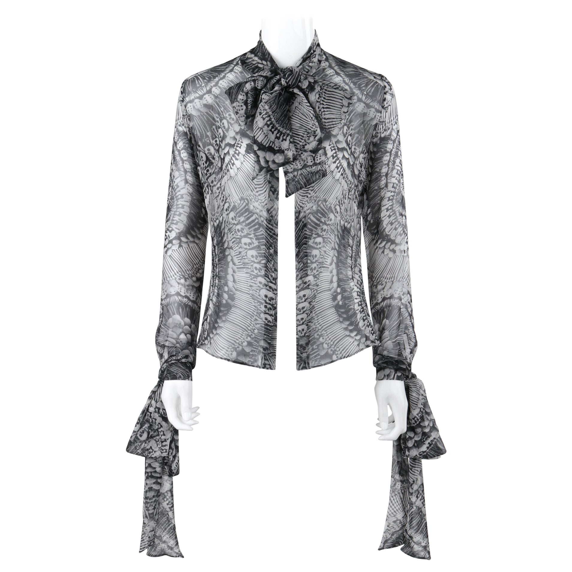 ALEXANDER McQUEEN F/W 2010 Black White Skull Silk Chiffon Bow Collar Cuff Blouse