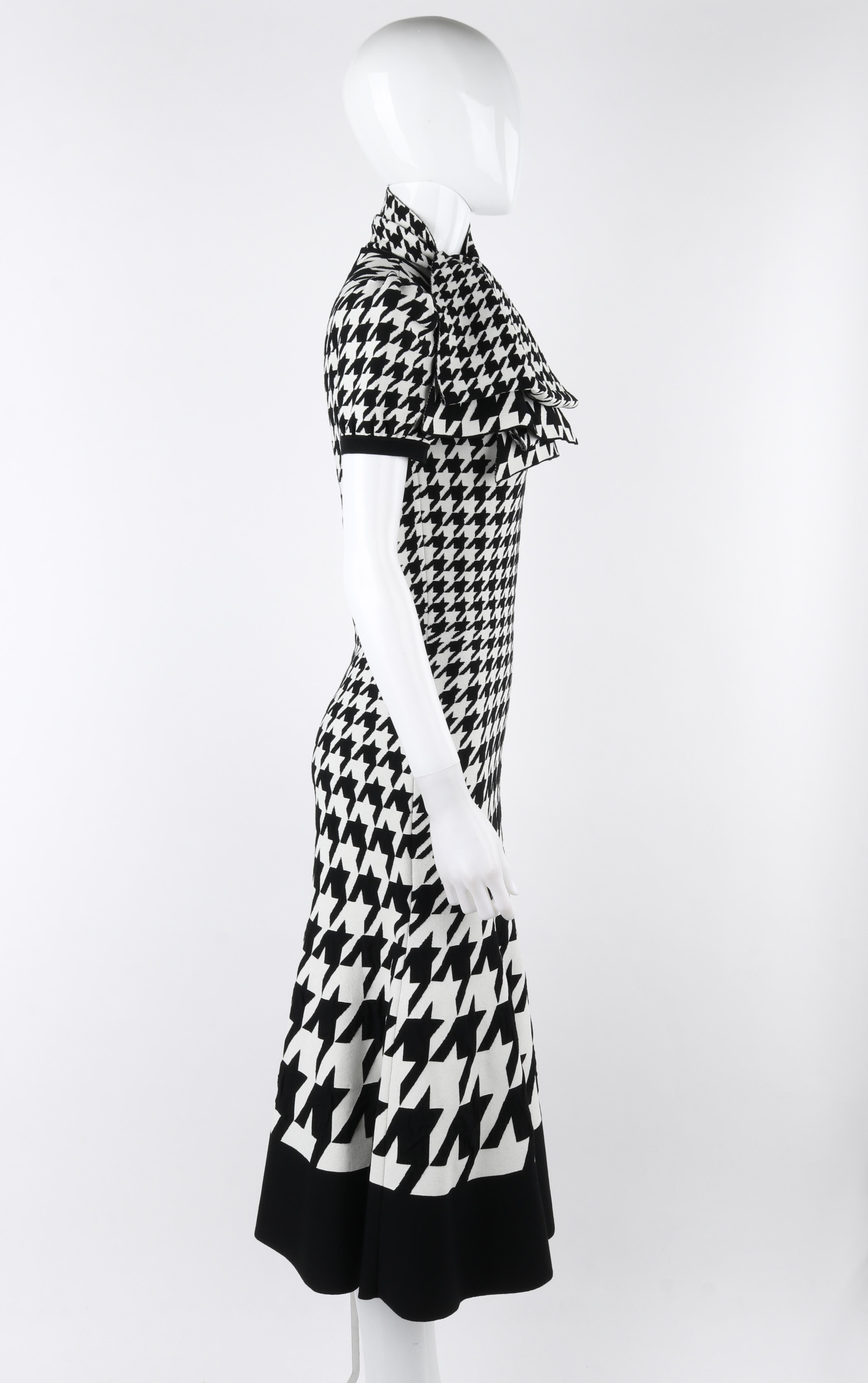 Women's Alexander McQueen F/W 2019 Black White Houndstooth Oversized Tie Neck Knit Dress