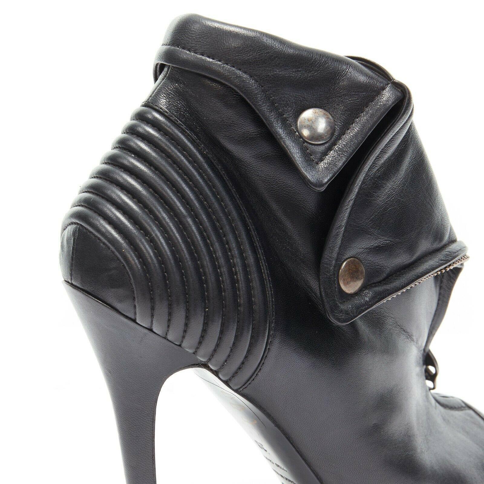 ALEXANDER MCQUEEN Faithful black leather skull zip biker peeptoe bootie EU38 1