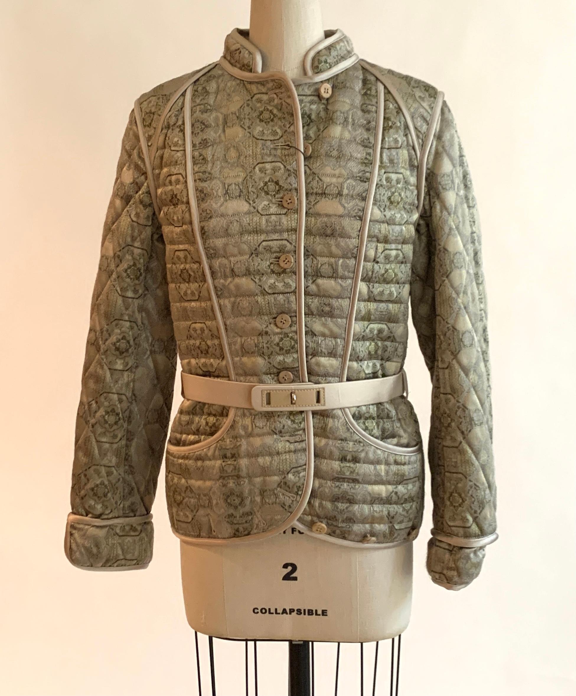 Alexander Mcqueen green, taupe and gold metallic quilted brocade jacket as seen on the 2003 