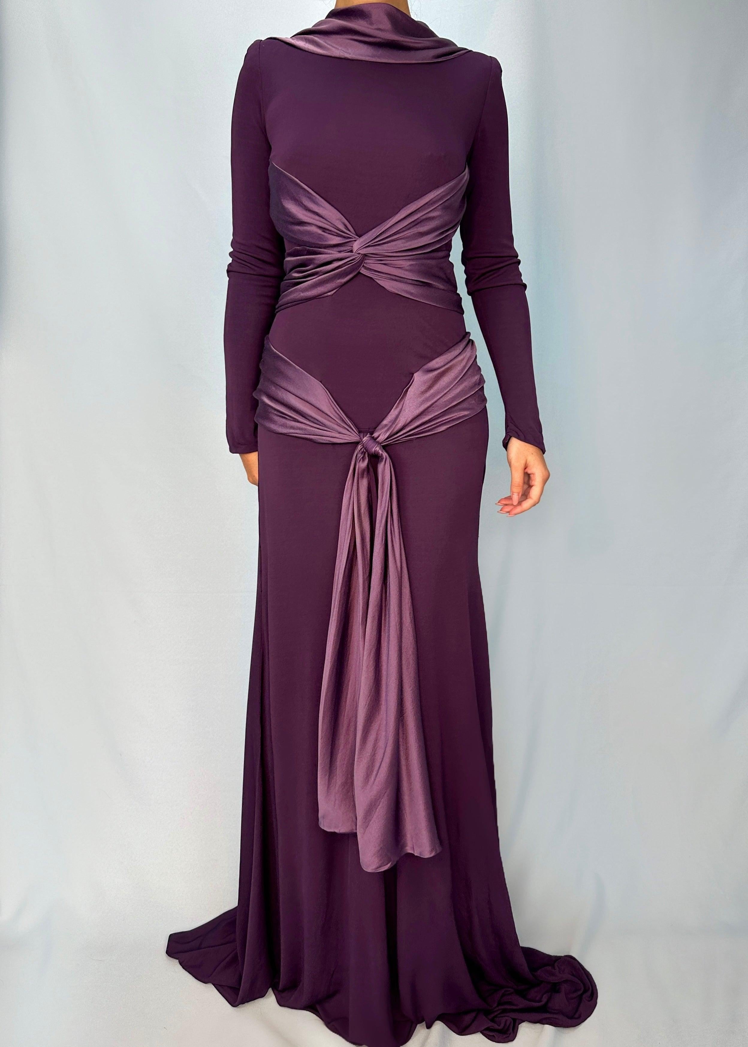Black Alexander McQueen Fall 2004 Runway Purple Silk Twist Tie Up Gown