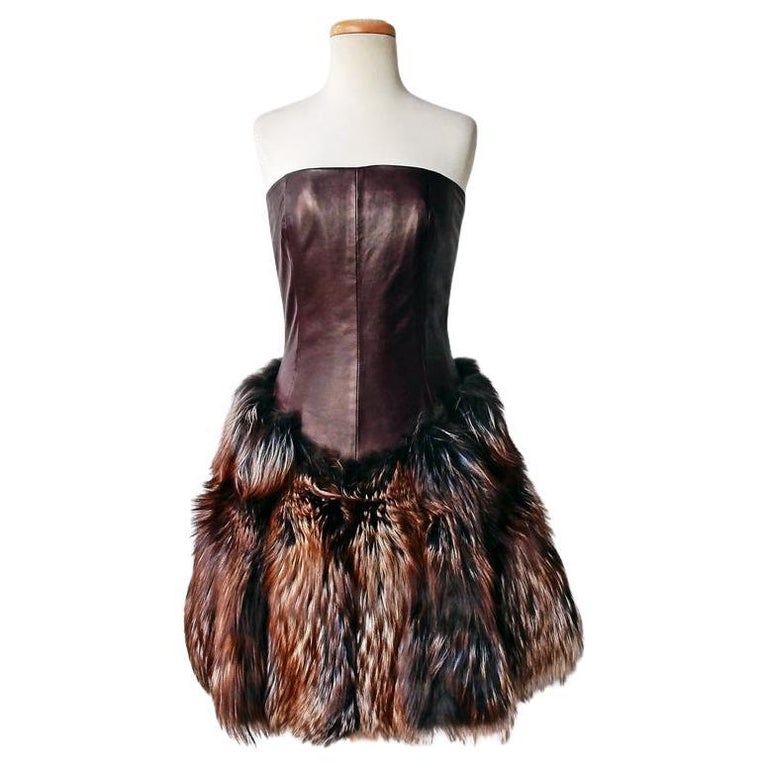 Alexander McQueen Fashionista Genuine Red Fox Fur Leather Bustier Dress  NEW! For Sale at 1stDibs