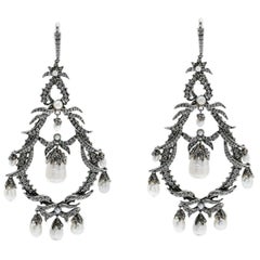 Alexander McQueen Faux Pearl & Crystal Silver Tone Long Drop Earrings