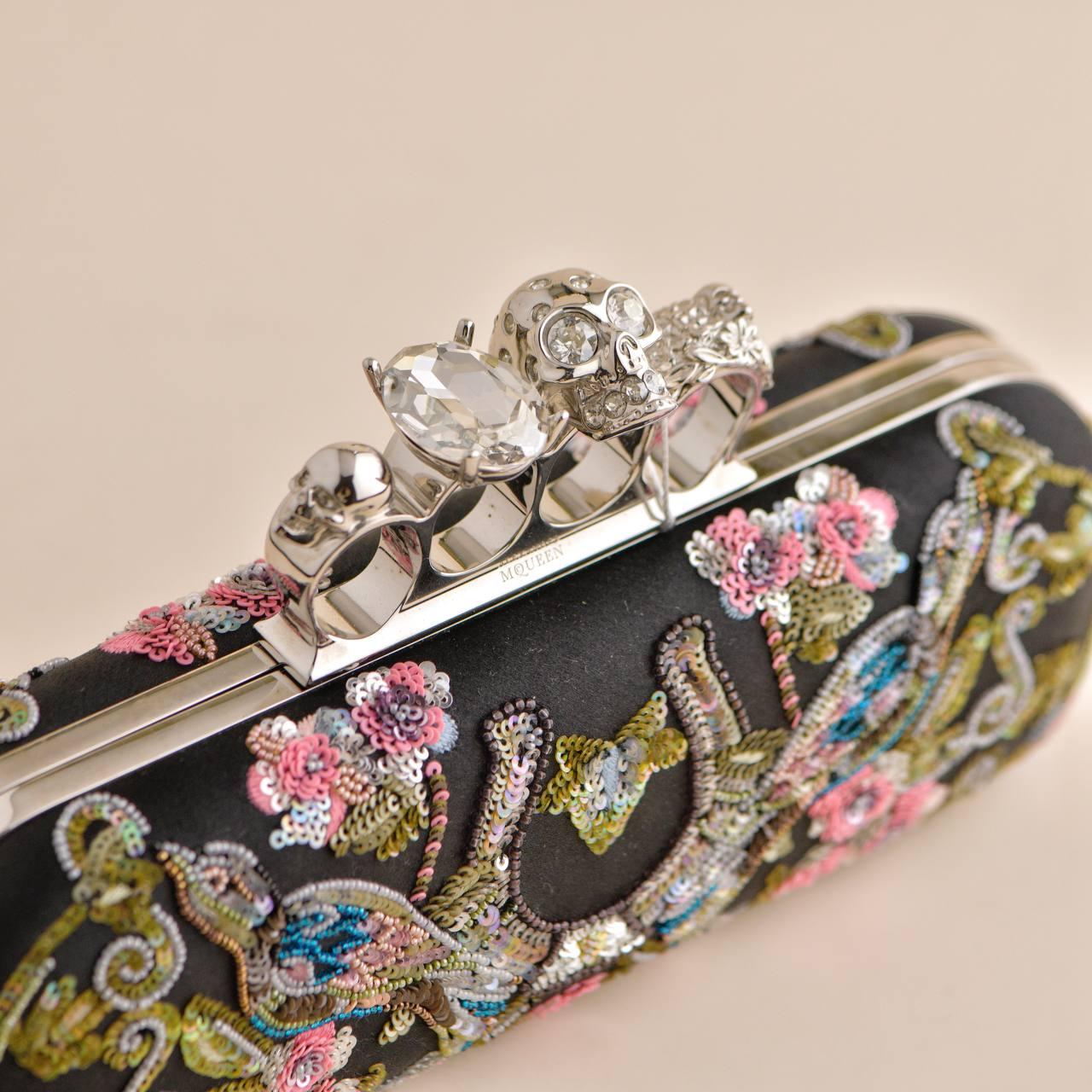 Women's or Men's Alexander McQueen Floral-Embroidered Satin Skull Knuckle Clutch Bag For Sale