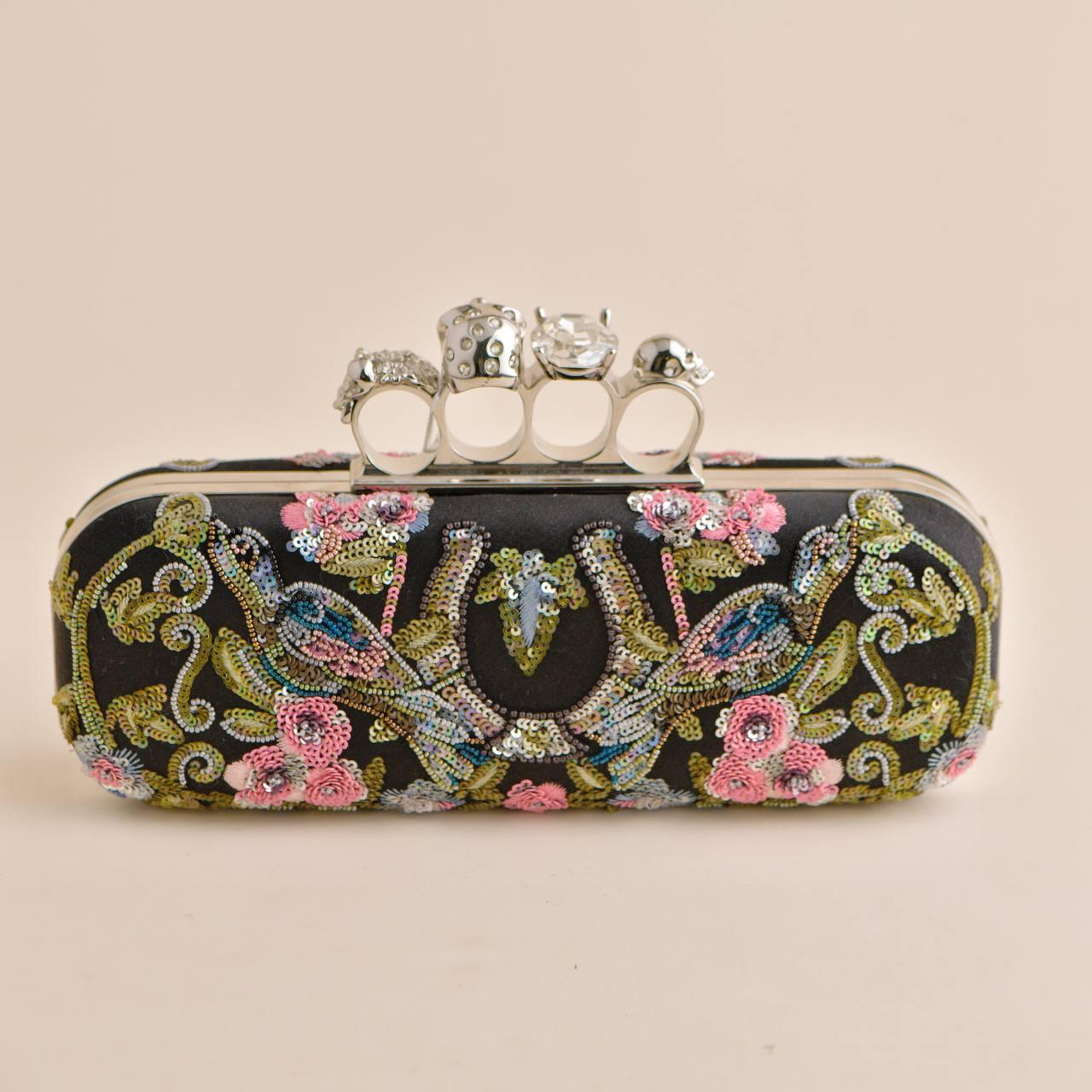 Alexander McQueen Floral-Embroidered Satin Skull Knuckle Clutch Bag For Sale 2