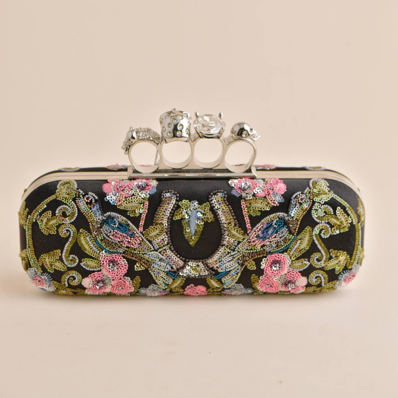 Alexander McQueen Floral-Embroidered Satin Skull Knuckle Clutch Bag For Sale 3