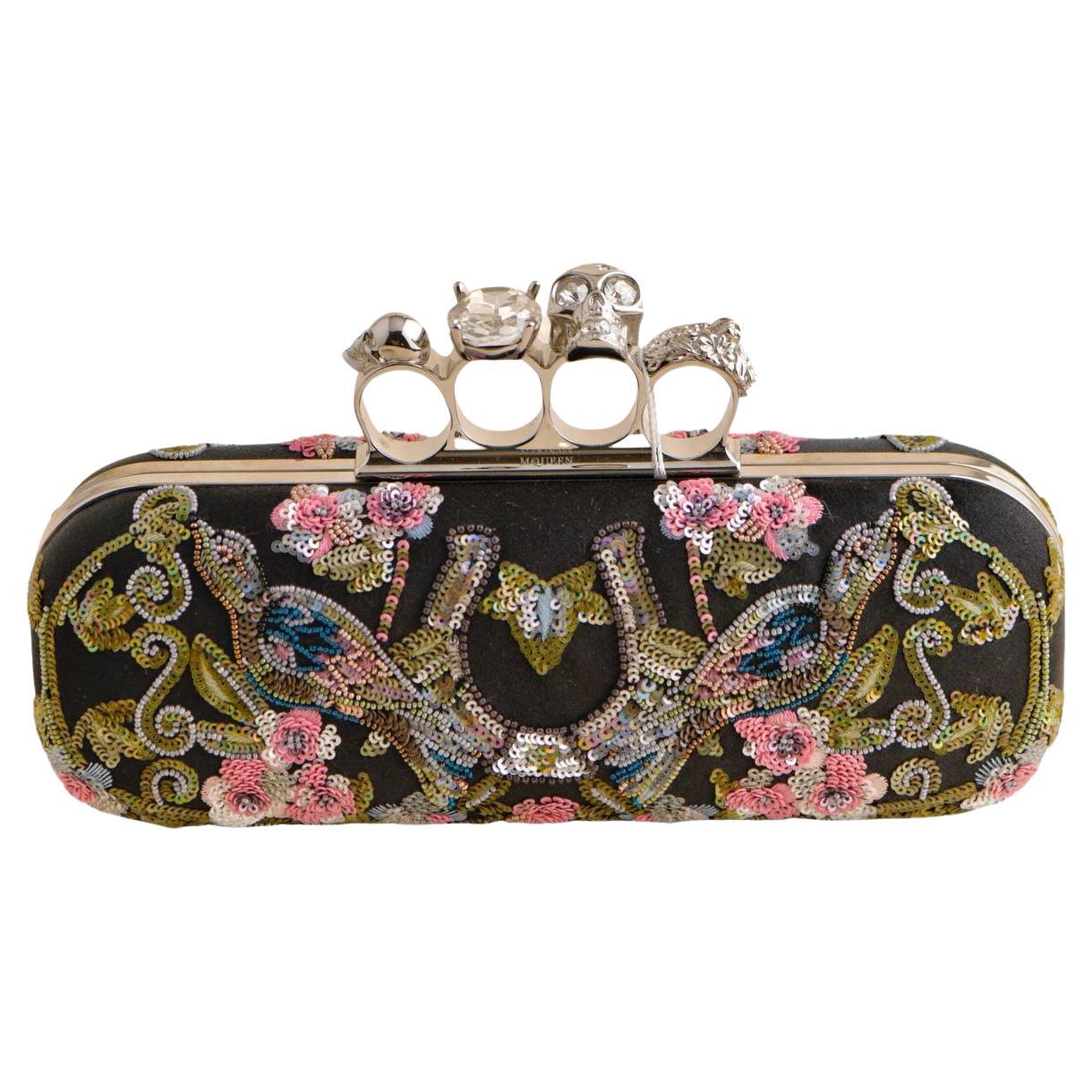 Alexander McQueen Floral-Embroidered Satin Skull Knuckle Clutch Bag For Sale