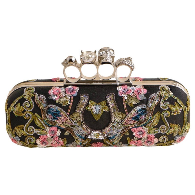 Alexander McQueen Floral-Embroidered Satin Skull Knuckle Clutch