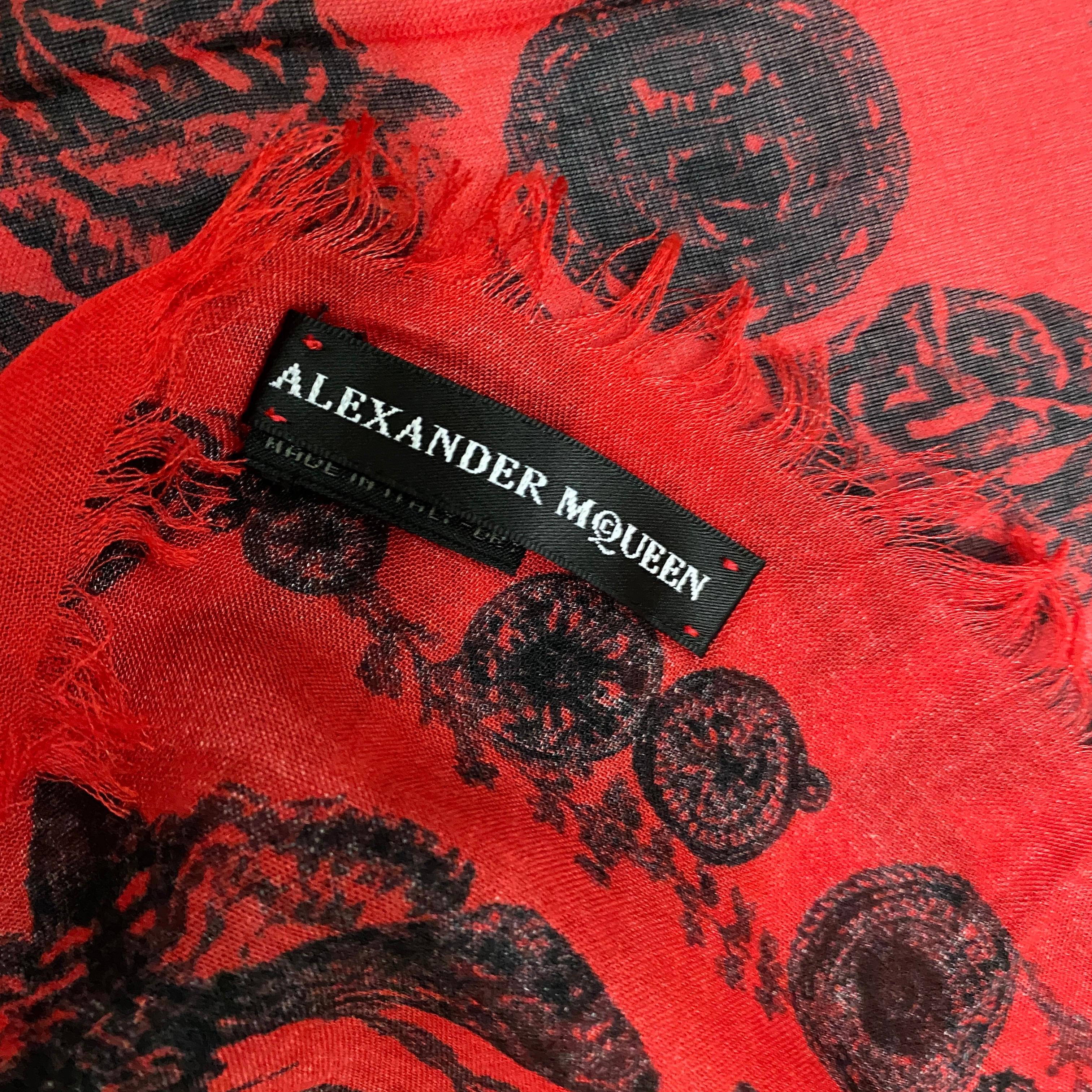 An Alexander McQueen Vintage Red and Black Silk Italian Scarf For Sale 1