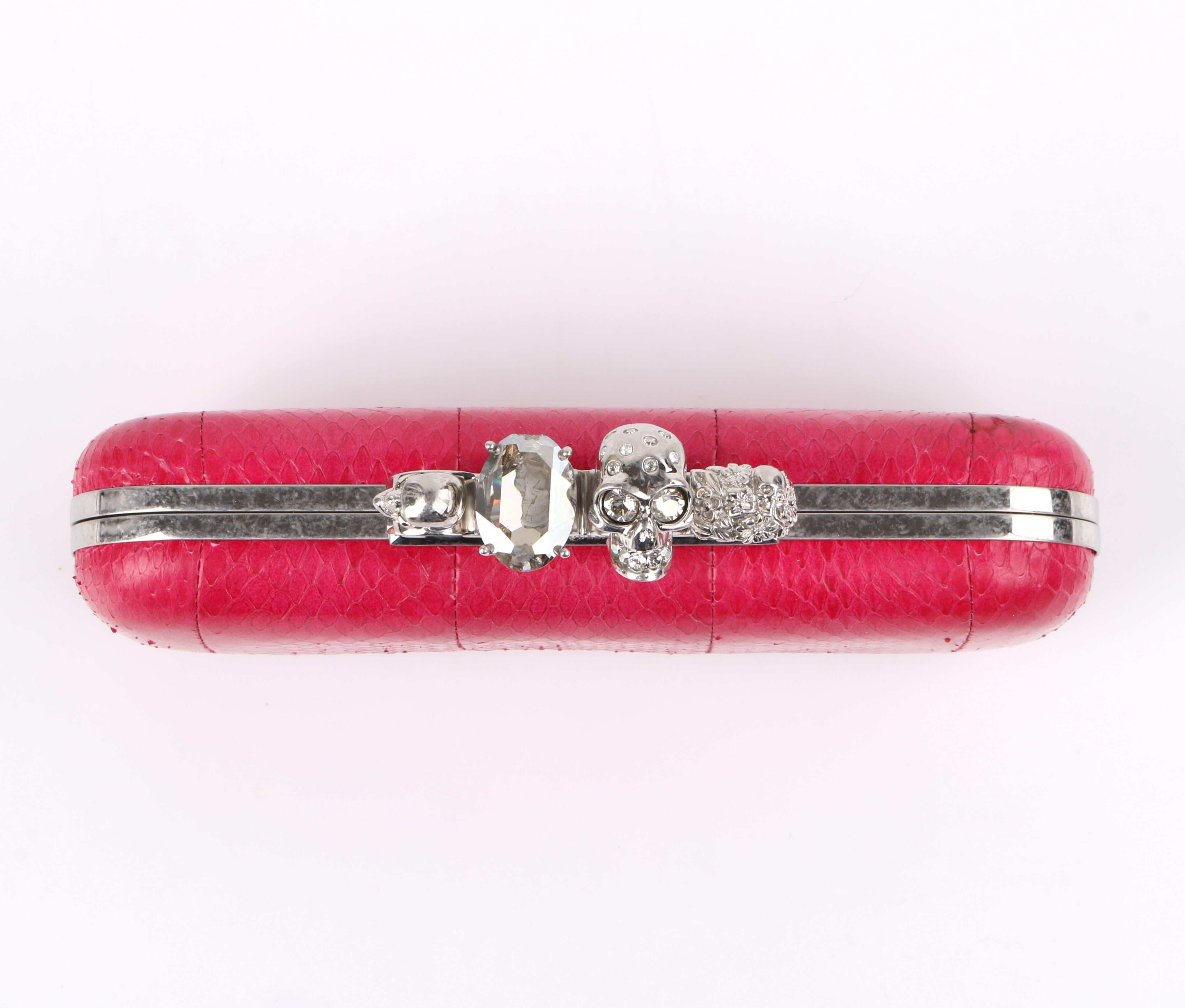 ALEXANDER McQUEEN Fuchsia Pink Python Crystal Knuckle-Duster Box Clutch In Good Condition In Thiensville, WI
