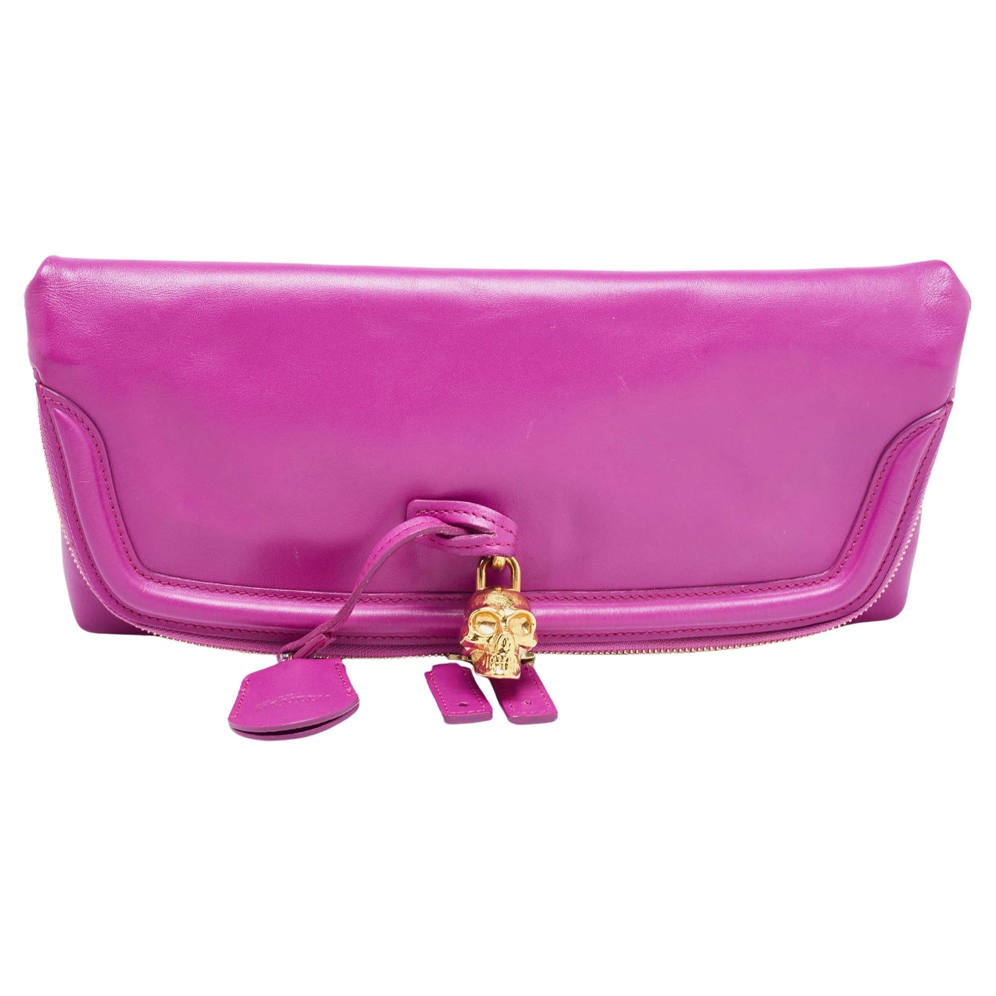Alexander McQueen Fucshia Leather Skull Padlock Fold Over Clutch For Sale